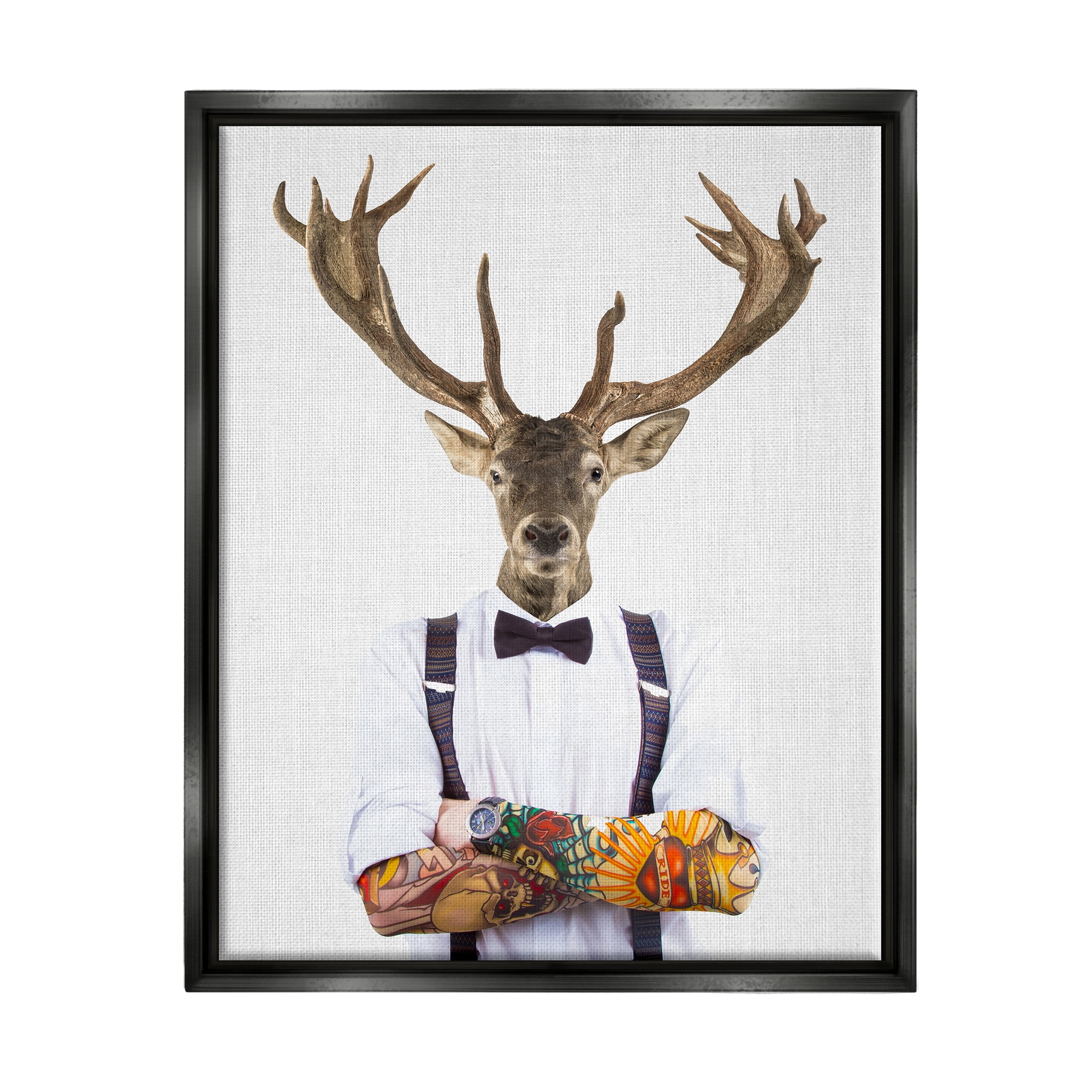 Stupell Industries Tattooed Hipster Deer Antlers Suspenders Bowtie Outfit Jet Black Framed Floating Canvas Wall Art, 16x20, by Tai Prints