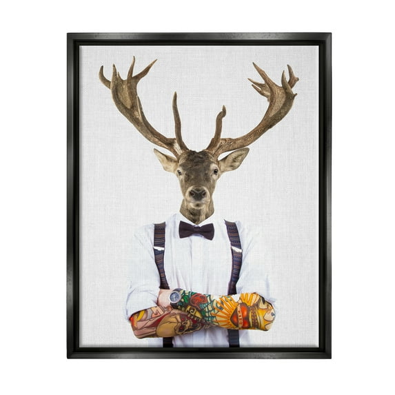 Stupell Industries Tattooed Hipster Deer Antlers Suspenders Bowtie Outfit Jet Black Framed Floating Canvas Wall Art, 24x30, by Tai Prints