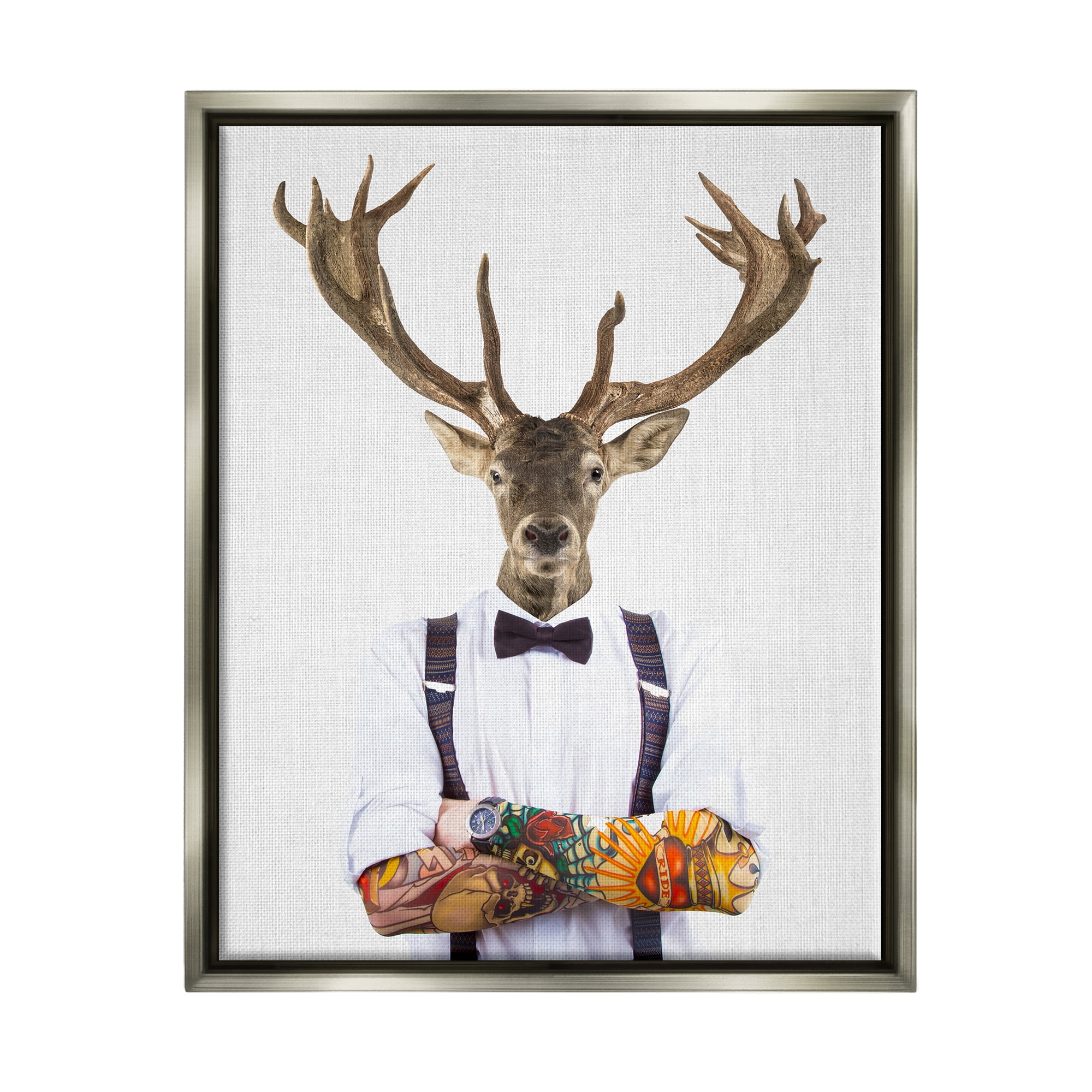 Stupell Industries Tattooed Hipster Deer Antlers Suspenders Bowtie Outfit Luster Gray Framed Floating Canvas Wall Art, 24x30, by Tai Prints
