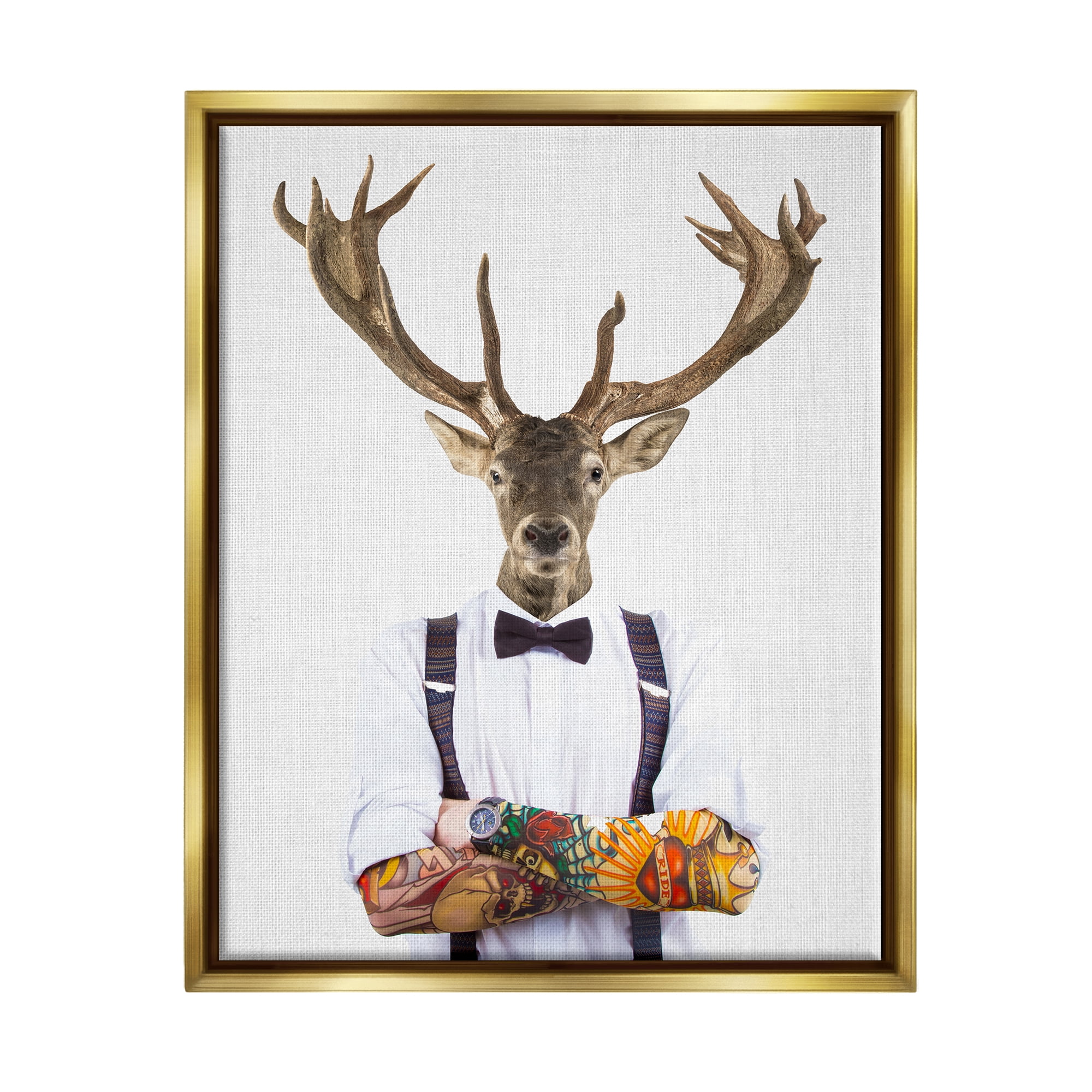 Stupell Industries Tattooed Hipster Deer Antlers Suspenders Bowtie Outfit Metallic Gold Framed Floating Canvas Wall Art, 16x20, by Tai Prints