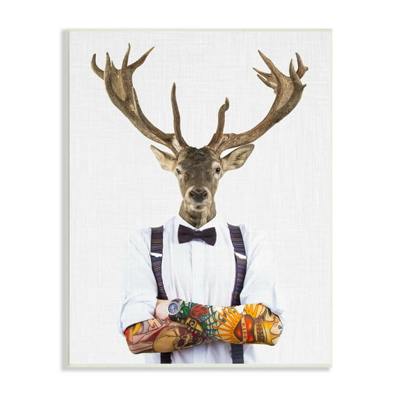 Stupell Industries Tattooed Hipster Deer Antlers Suspenders Bowtie Outfit Wood Wall Art, 10 x 15, Design by Tai Prints