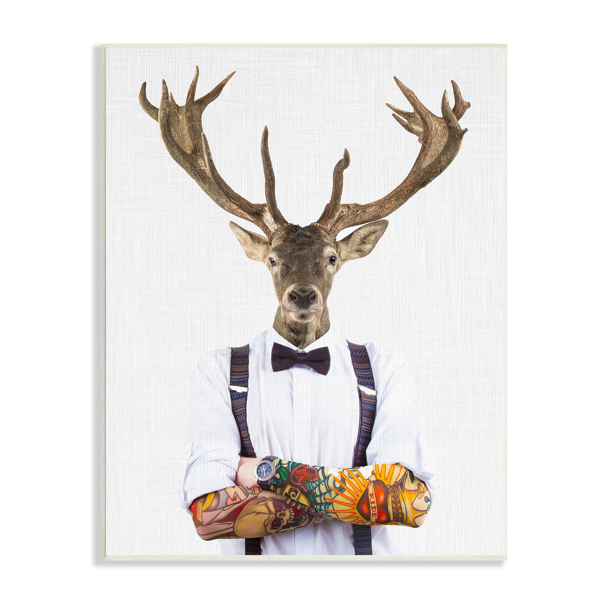 Stupell Industries Tattooed Hipster Deer Antlers Suspenders Bowtie Outfit Wood Wall Art, 13 x 19, Design by Tai Prints