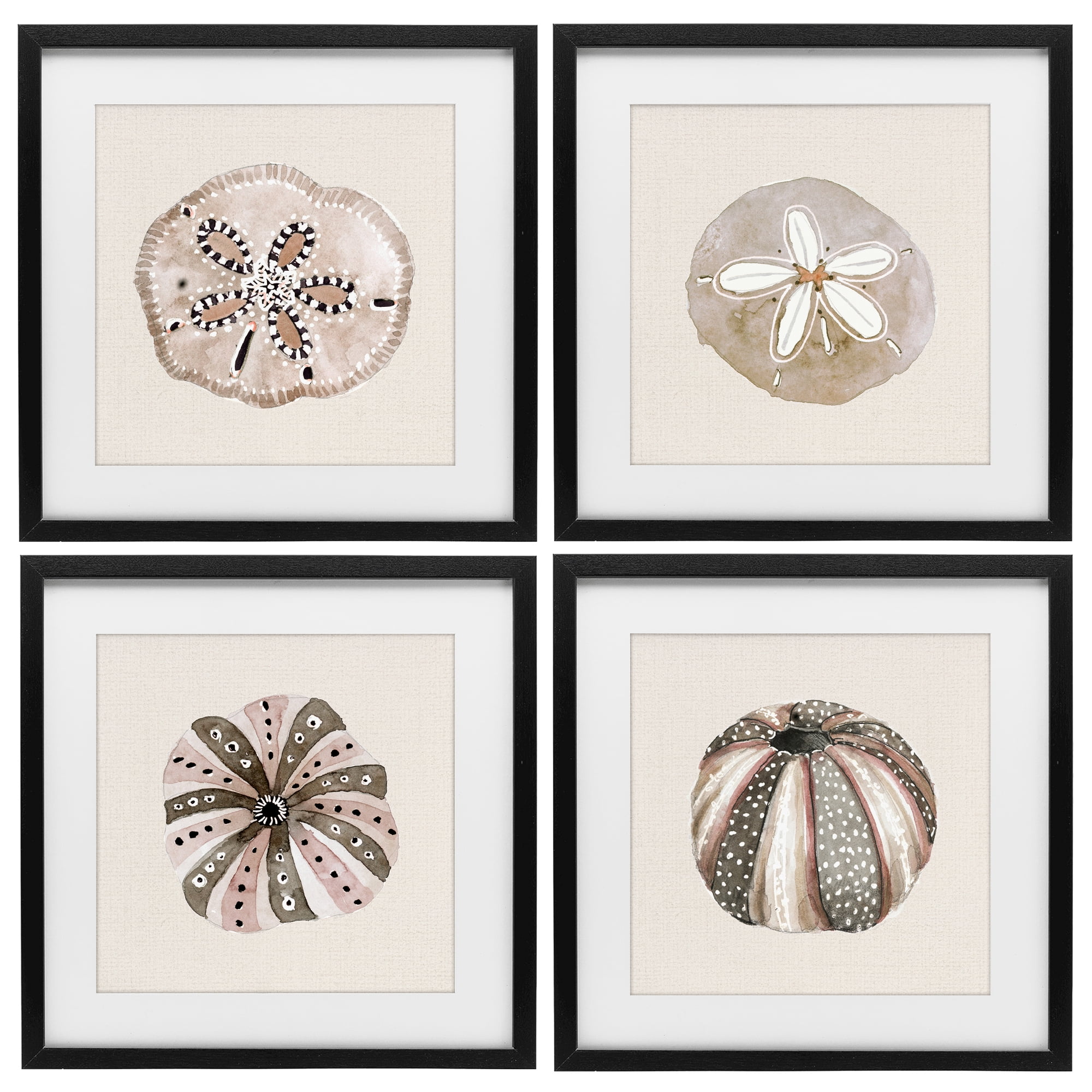Stupell Industries Taupe & Beige Sea Creatures 4 Piece Black Framed Print Under Glass Set, design by Lanie Loreth
