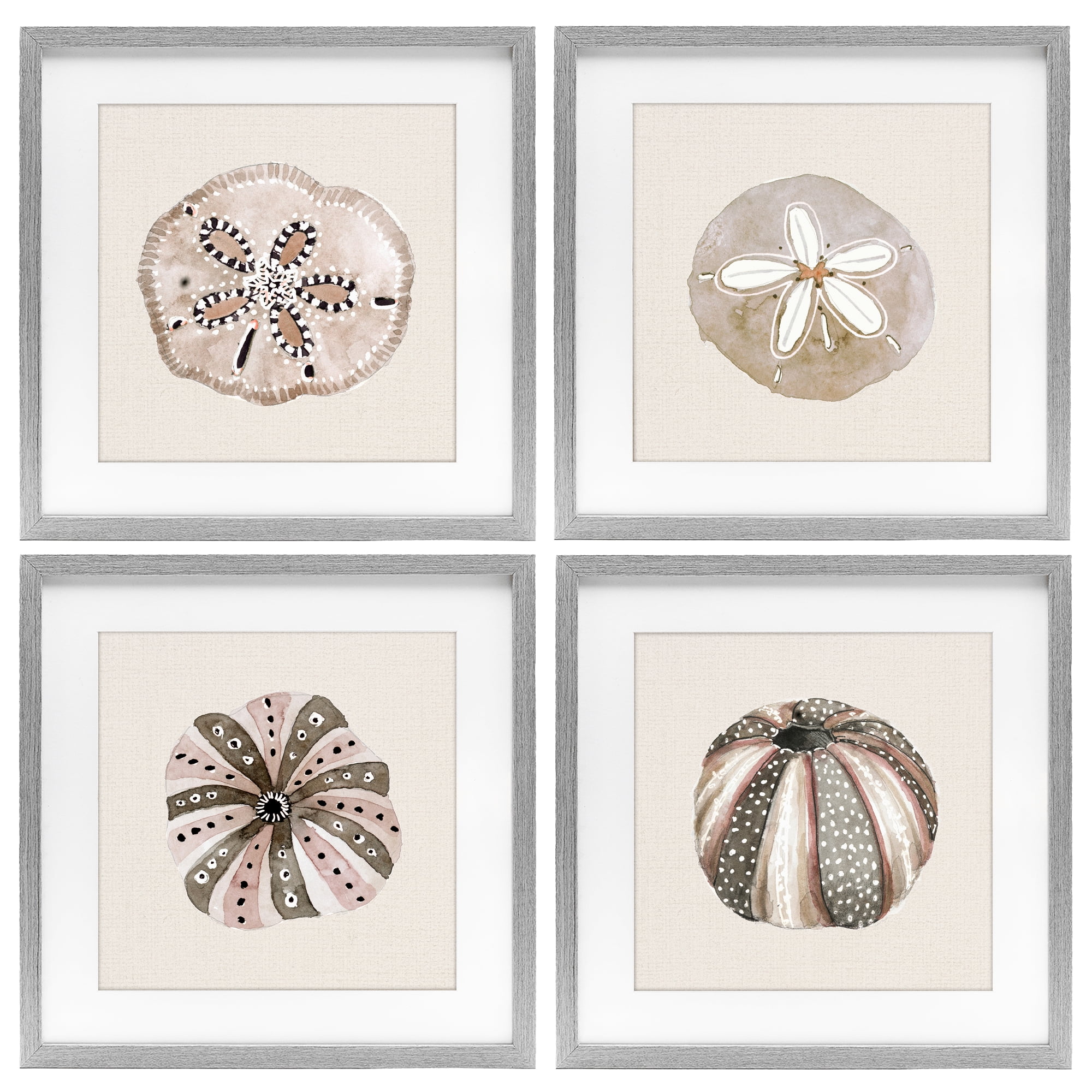 Stupell Industries Taupe & Beige Sea Creatures 4 Piece Gray Framed Print Under Glass Set, design by Lanie Loreth