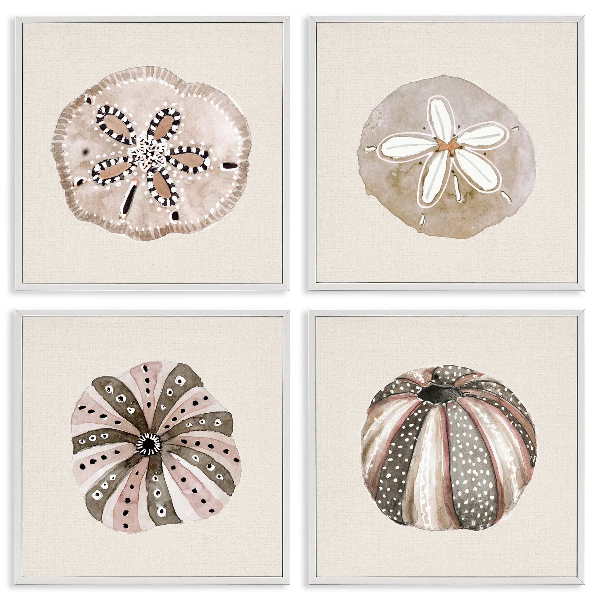 Stupell Industries Taupe & Beige Sea Creatures 4 Piece White Framed Giclee Art Set, design by Lanie Loreth