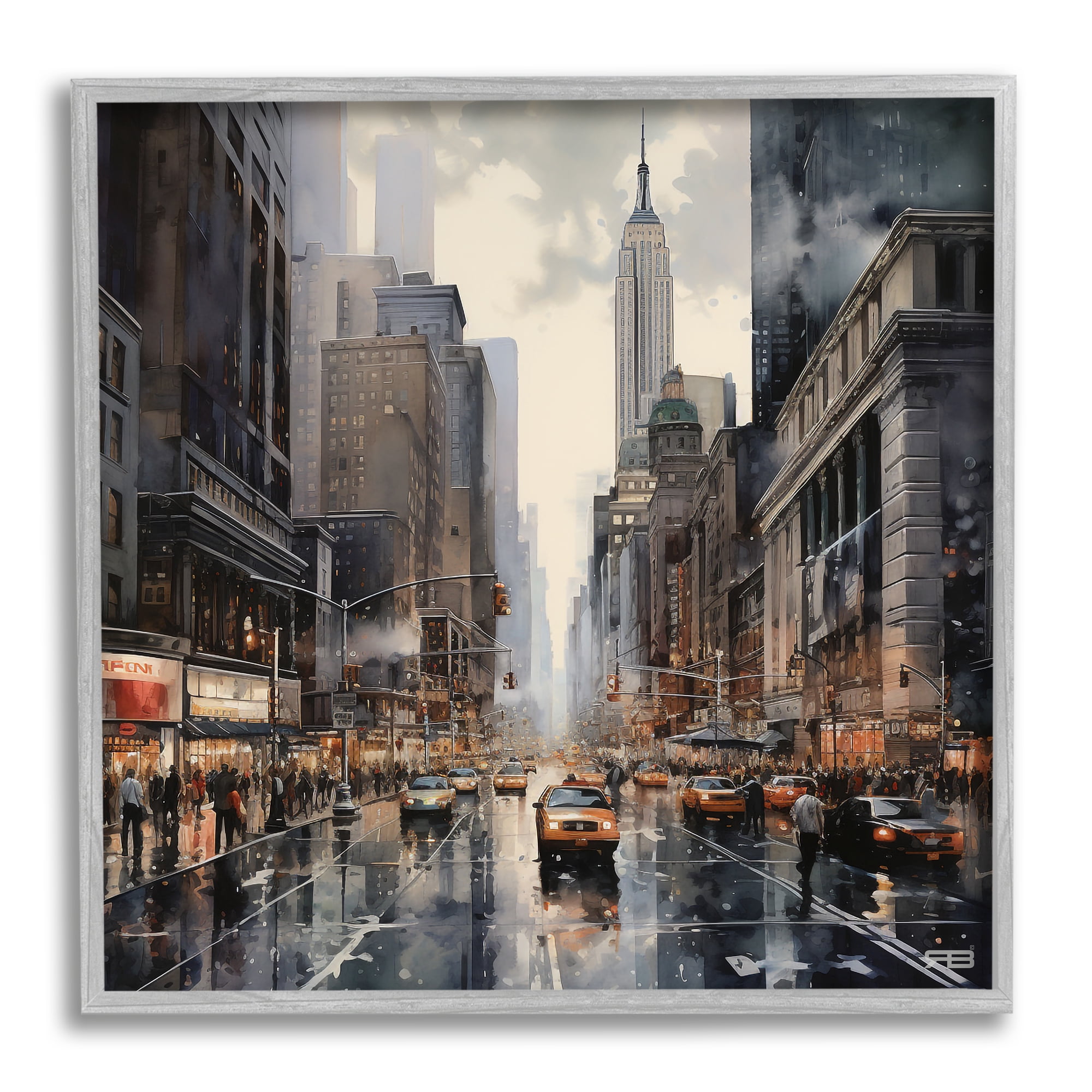 Stupell Industries Taxis in Urban City Transportation Painting Gray Framed Art Print Wall Art, 12 x 12