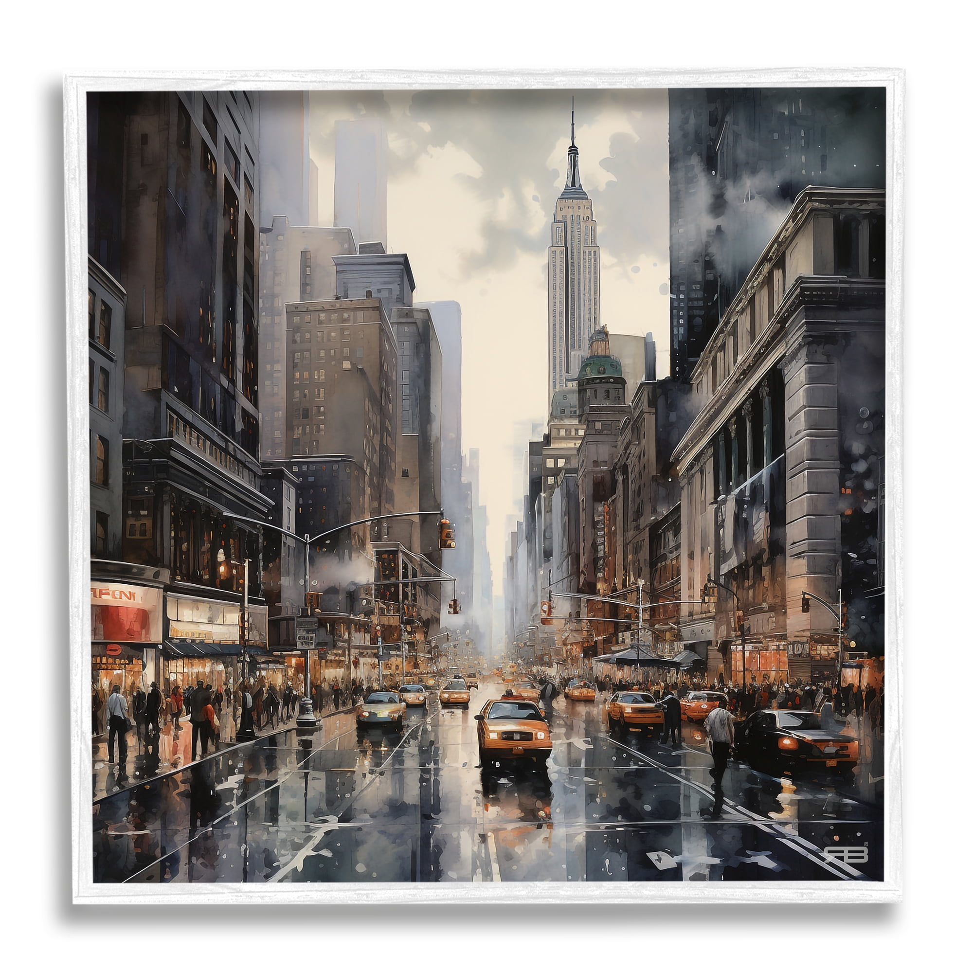 Stupell Industries Taxis in Urban City Transportation Painting White Framed Art Print Wall Art, 12 x 12