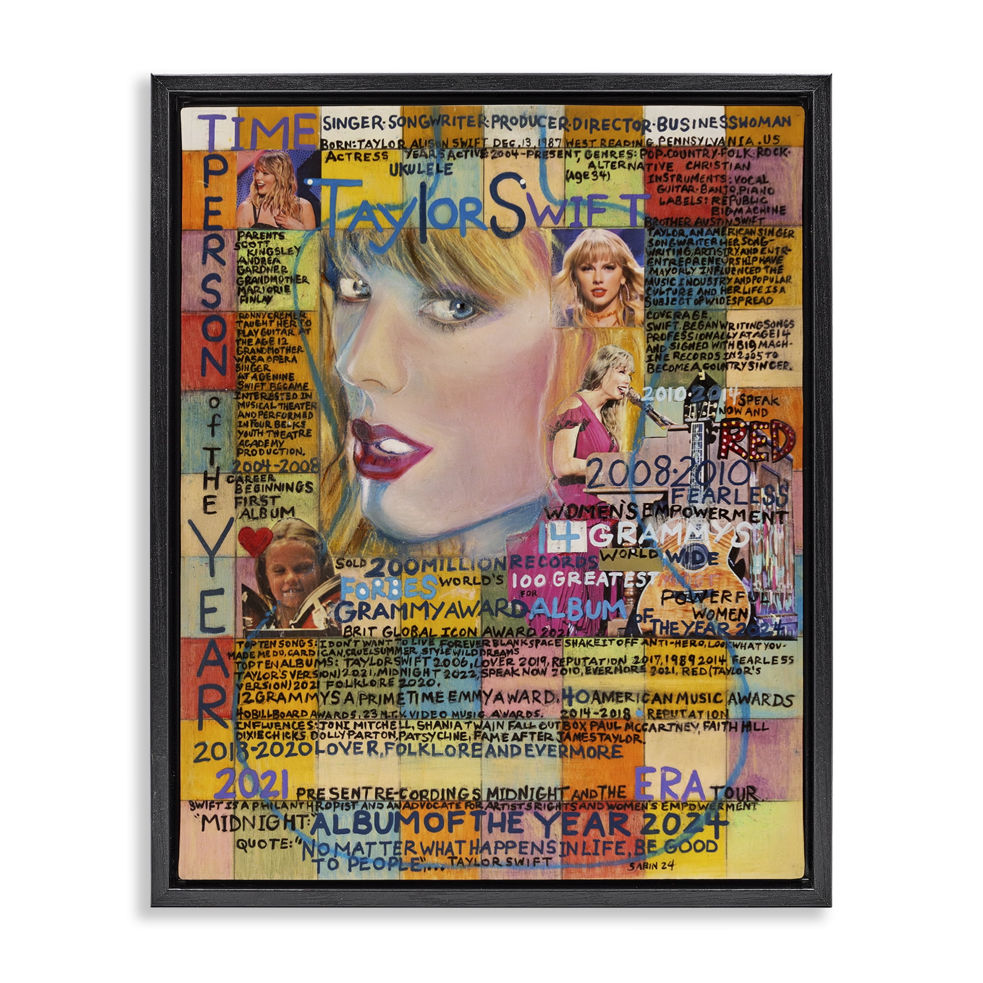 Stupell Industries Taylor Musician Collage People Drawing Black Floater Framed Canvas Art Print Wall Art, 25 x 31