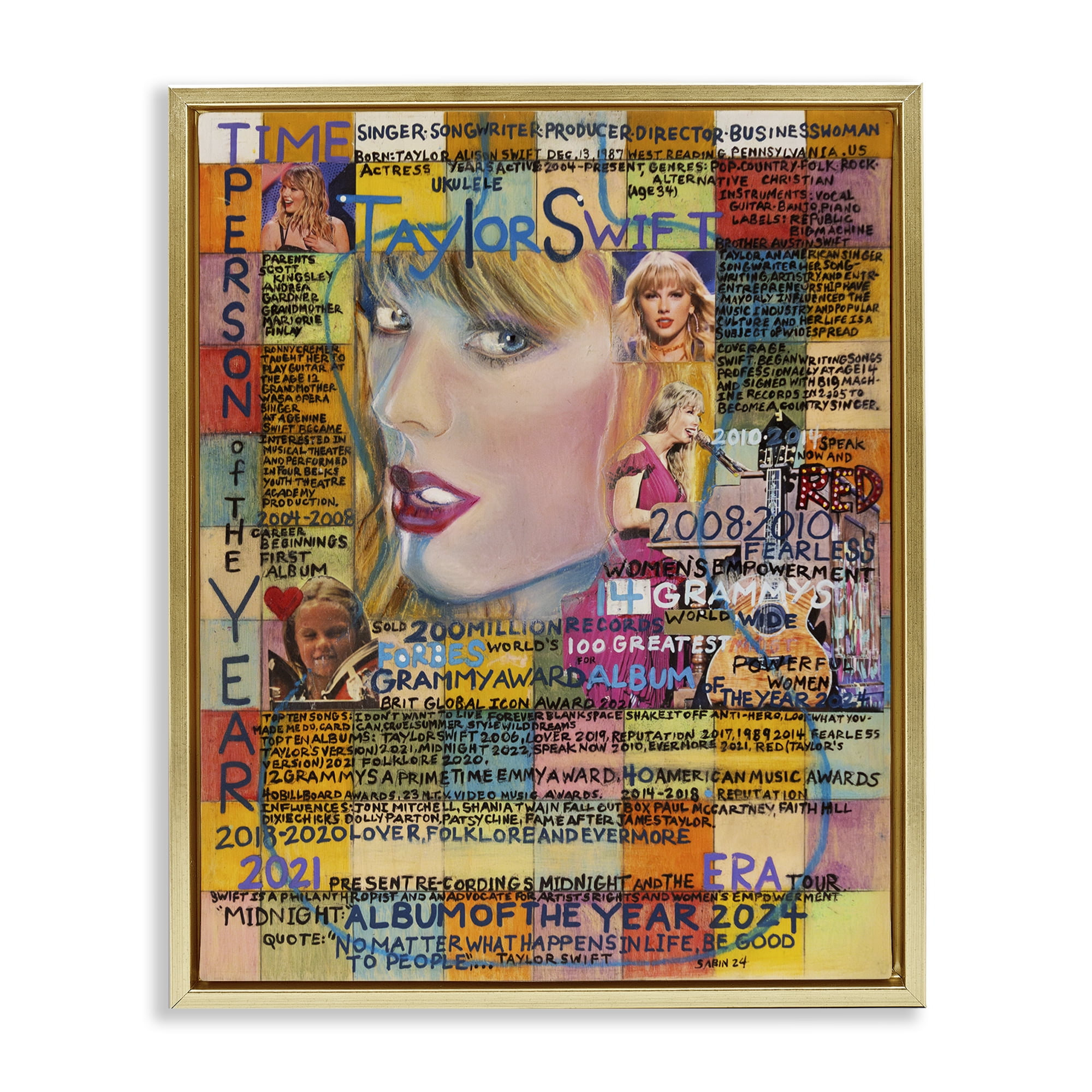Stupell Industries Taylor Musician Collage People Drawing Gold Floater Framed Canvas Art Print Wall Art, 25 x 31