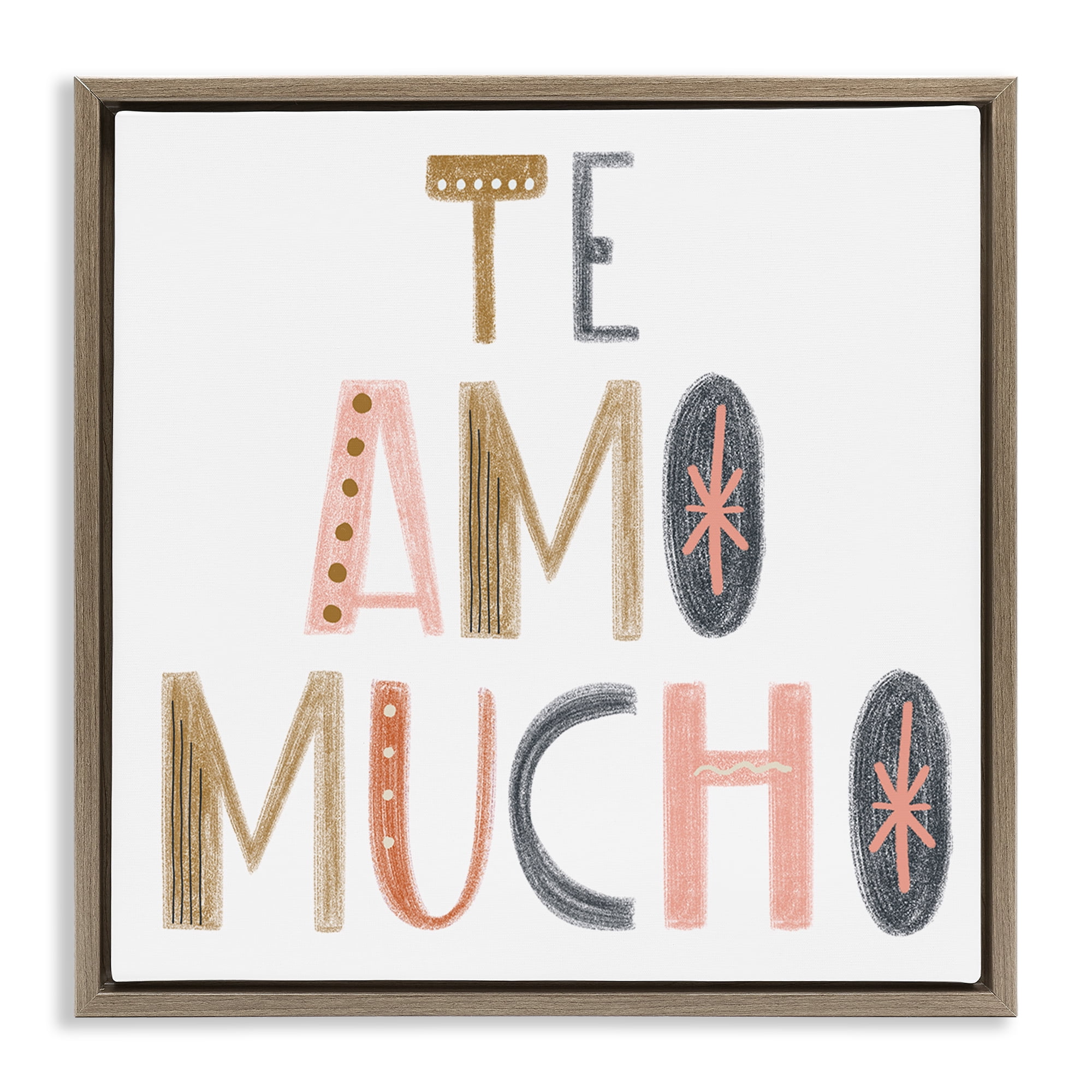 Stupell Industries Te Amo Mucho Creativo Inspirational Quotes & Sayings Painting Brown Floater Framed Art Print Wall Art, 18 x 18