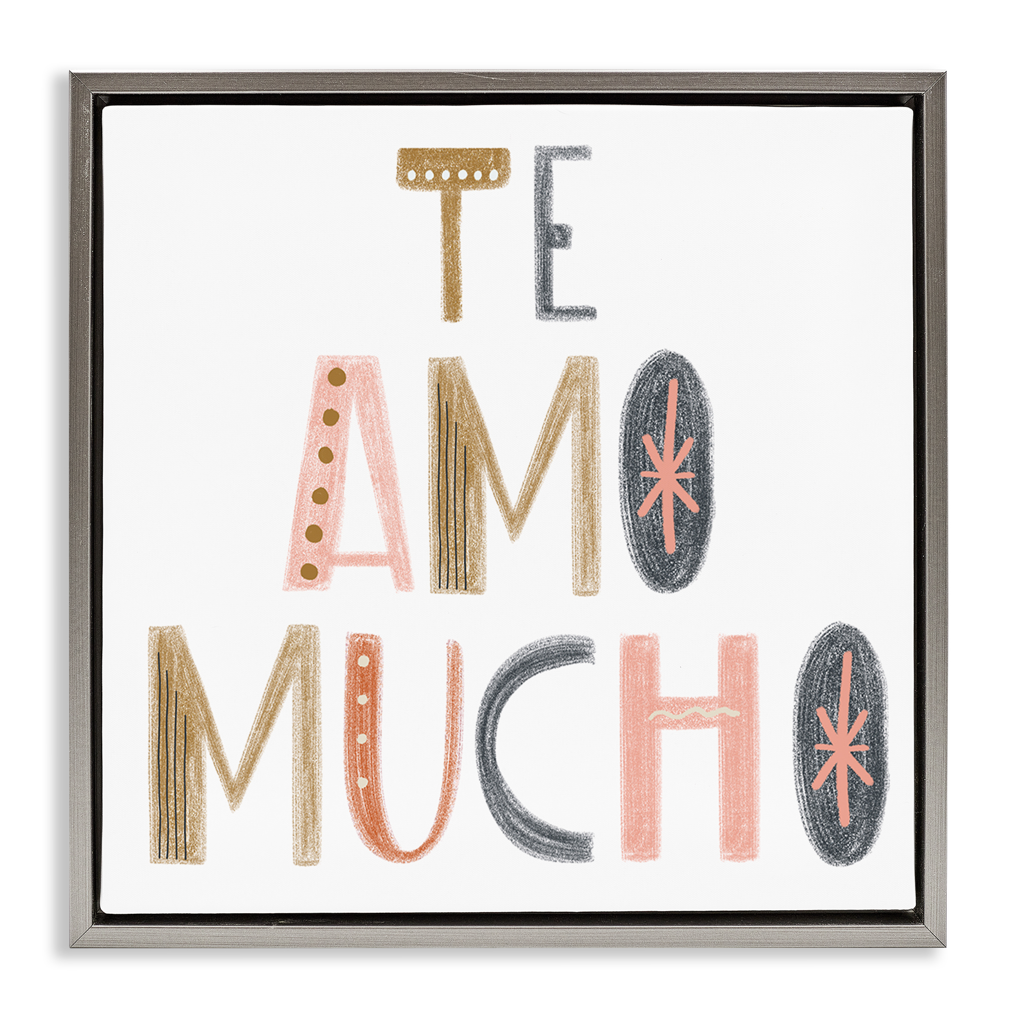 Stupell Industries Te Amo Mucho Creativo Inspirational Quotes & Sayings Painting Gray Floater Framed Art Print Wall Art, 18 x 18