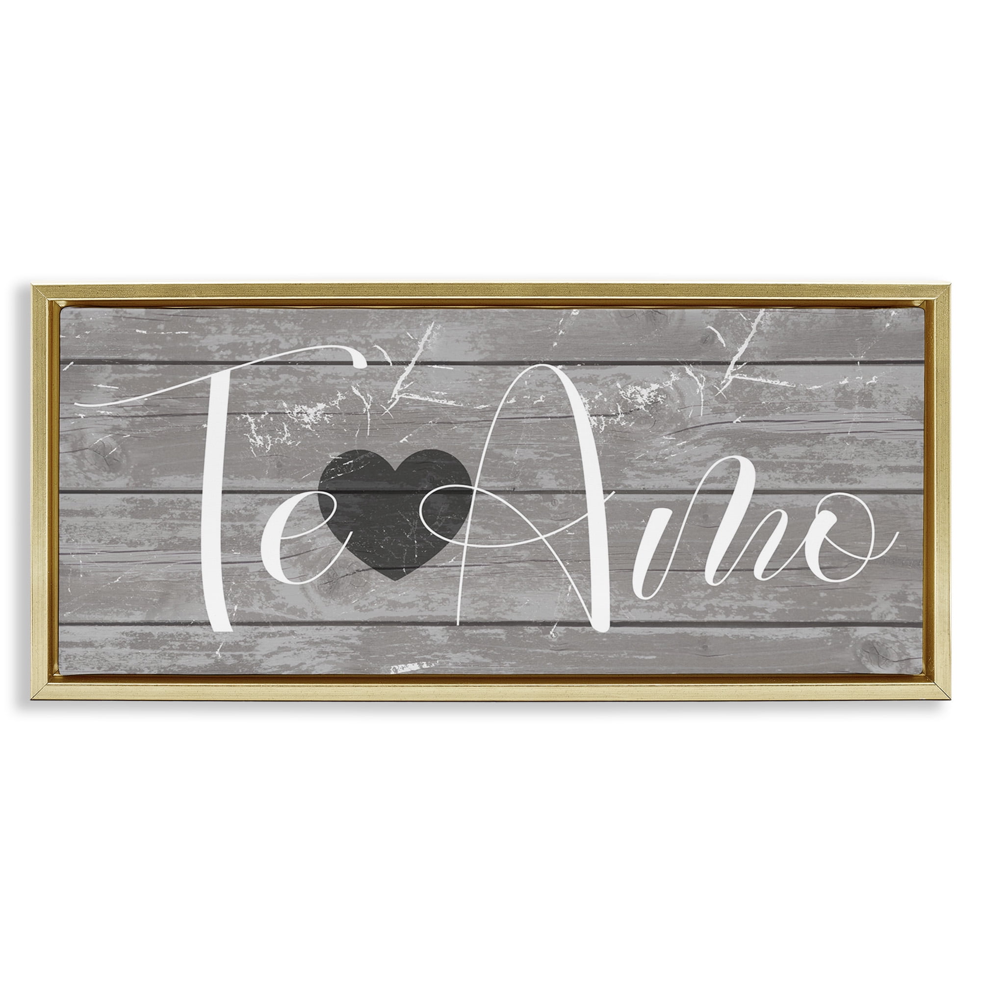 Stupell Industries Te Amo Romantic Rustic Typography Painting Gold Floater Framed Canvas Art Print Wall Art, 25 x 11