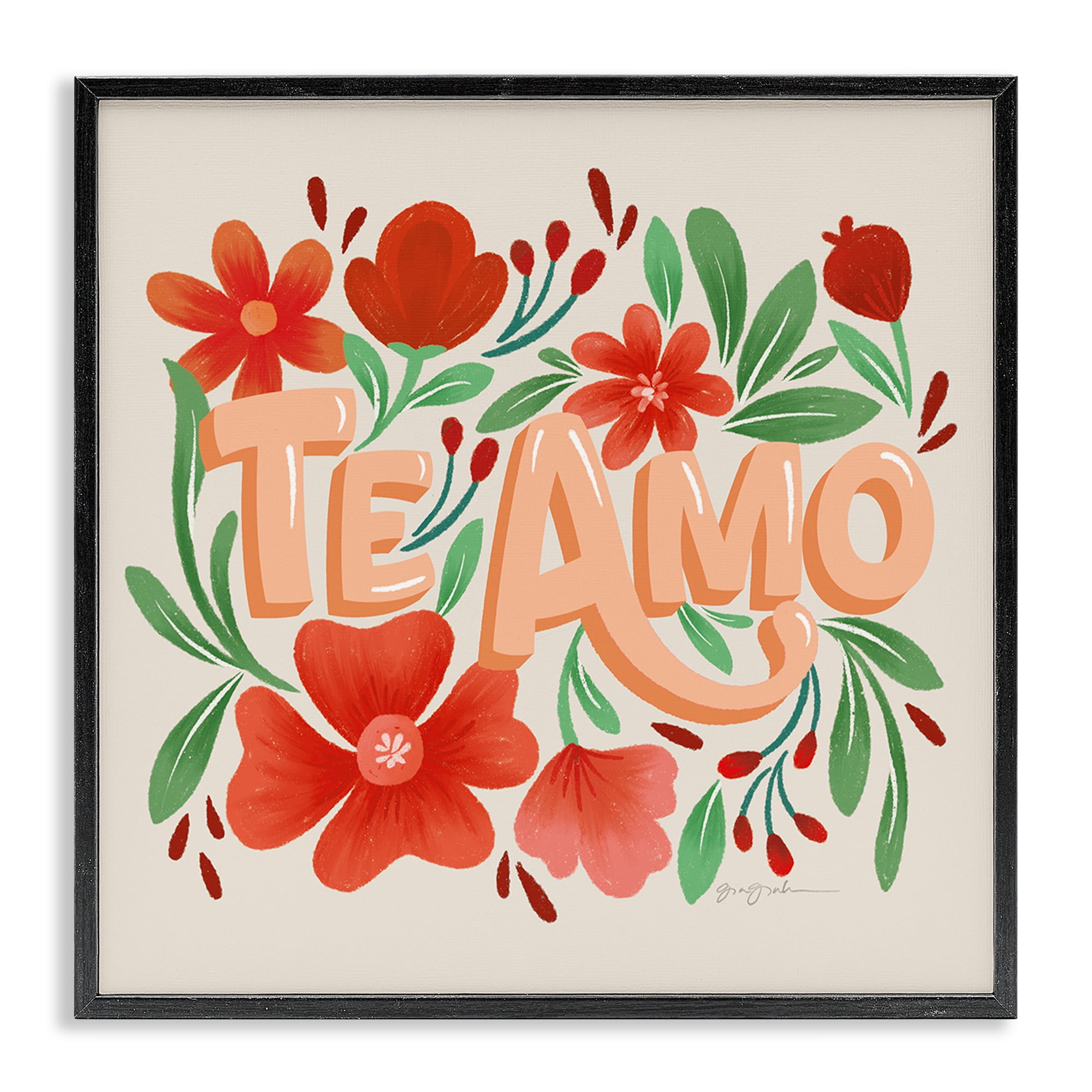 Stupell Industries Te Amo con Flores Rojas Floral & Botanical Painting Black Framed Art Print Wall Art, 24 x 24