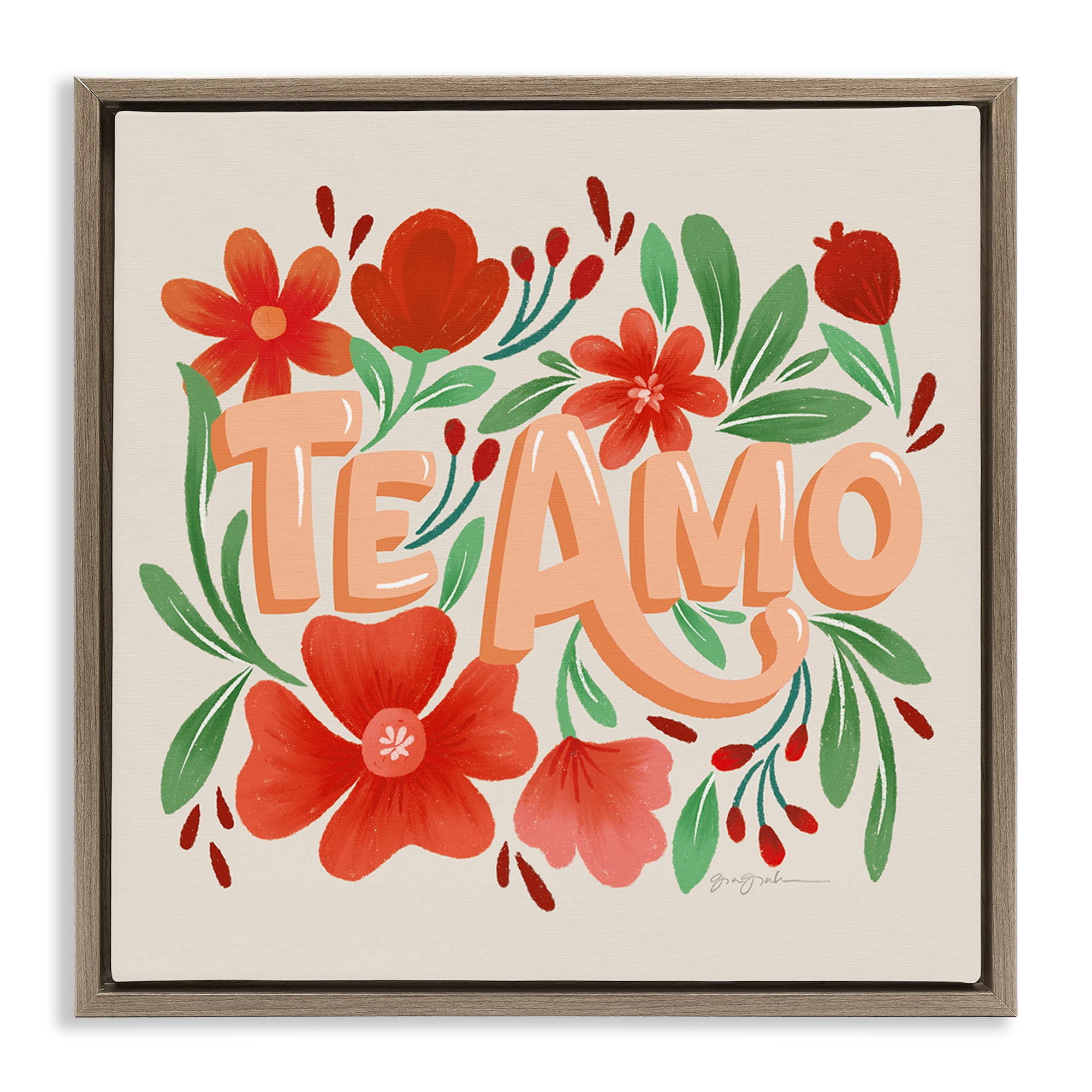 Stupell Industries Te Amo con Flores Rojas Floral & Botanical Painting Brown Floater Framed Art Print Wall Art, 18 x 18