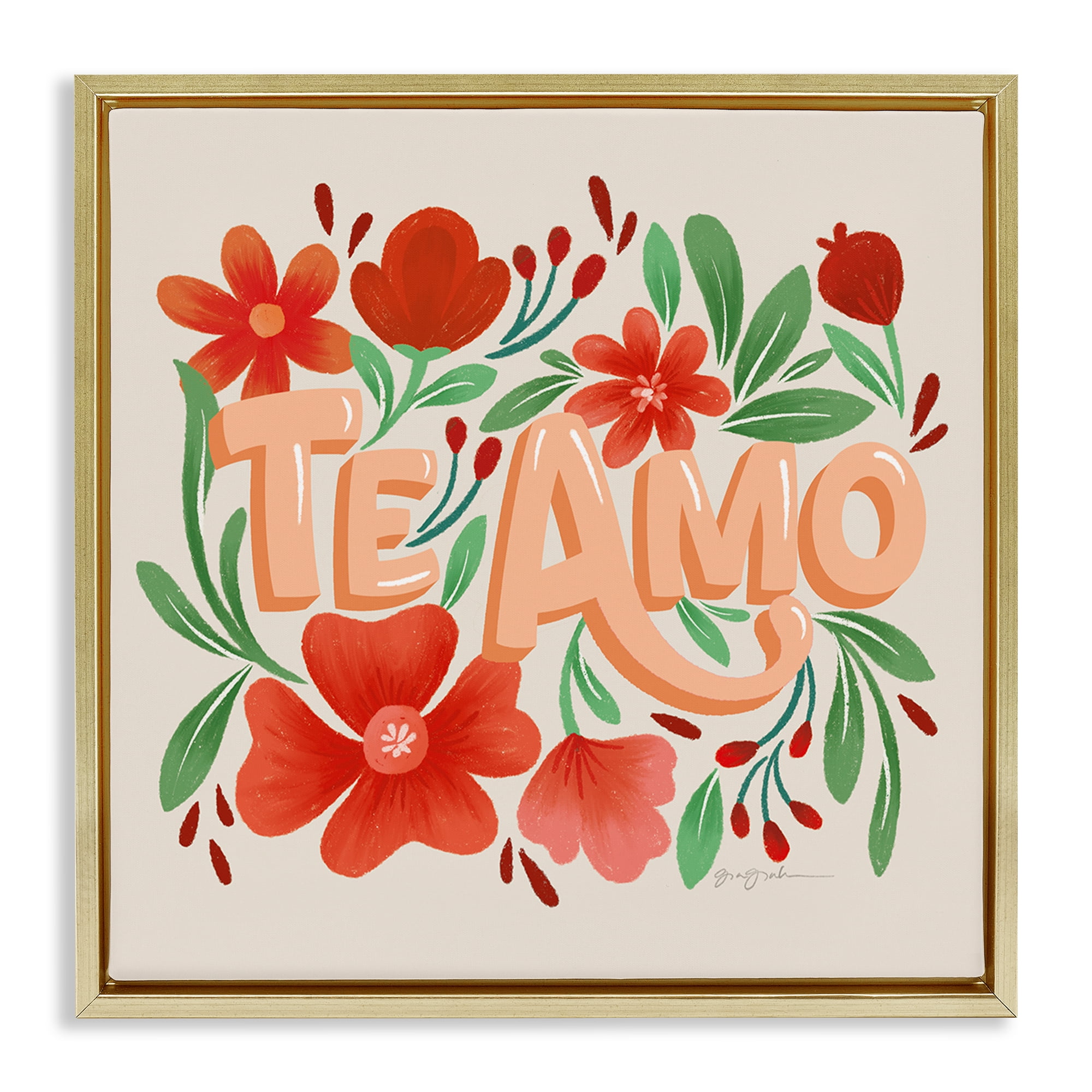 Stupell Industries Te Amo con Flores Rojas Floral & Botanical Painting Gold Floater Framed Art Print Wall Art, 25 x 25