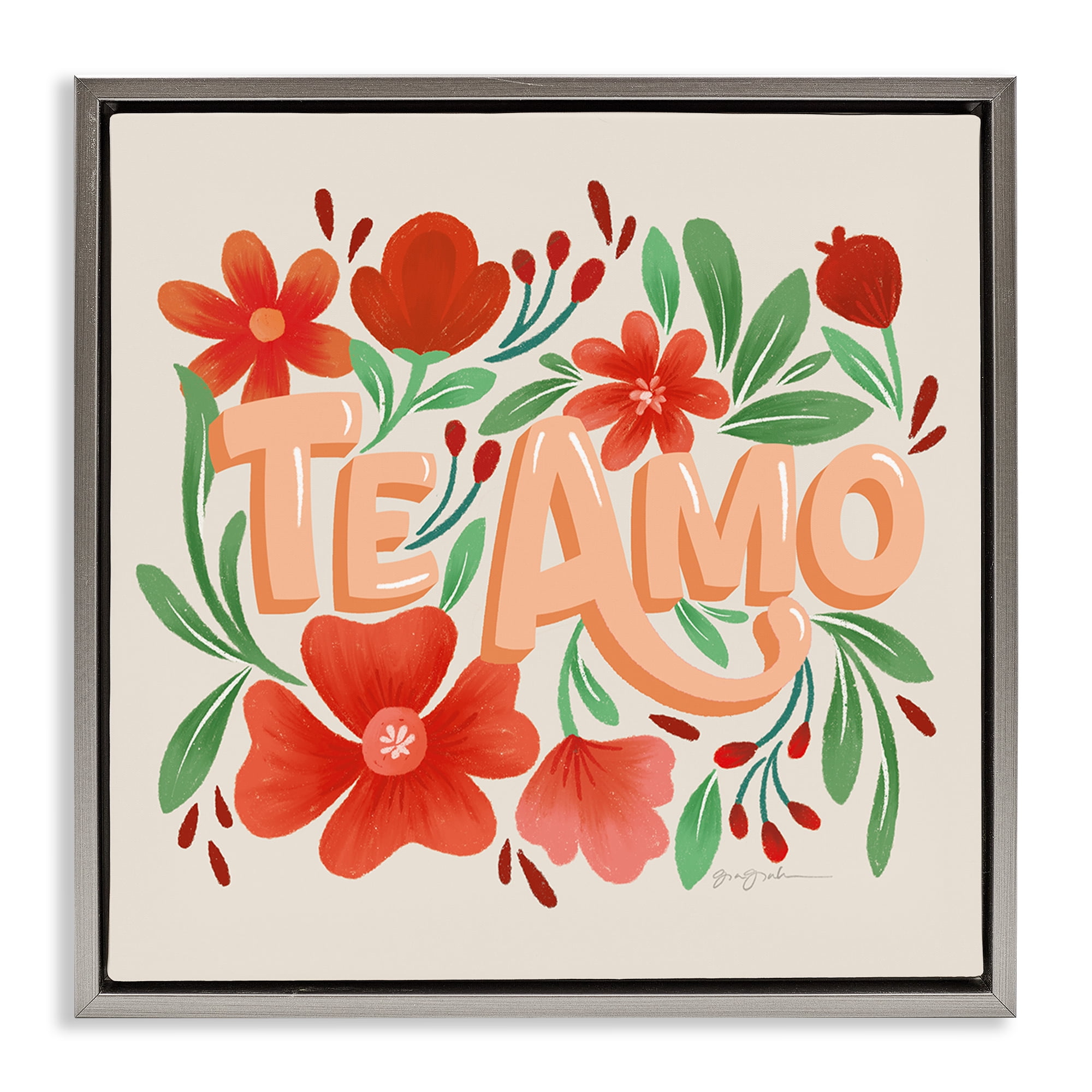 Stupell Industries Te Amo con Flores Rojas Floral & Botanical Painting Gray Floater Framed Art Print Wall Art, 25 x 25