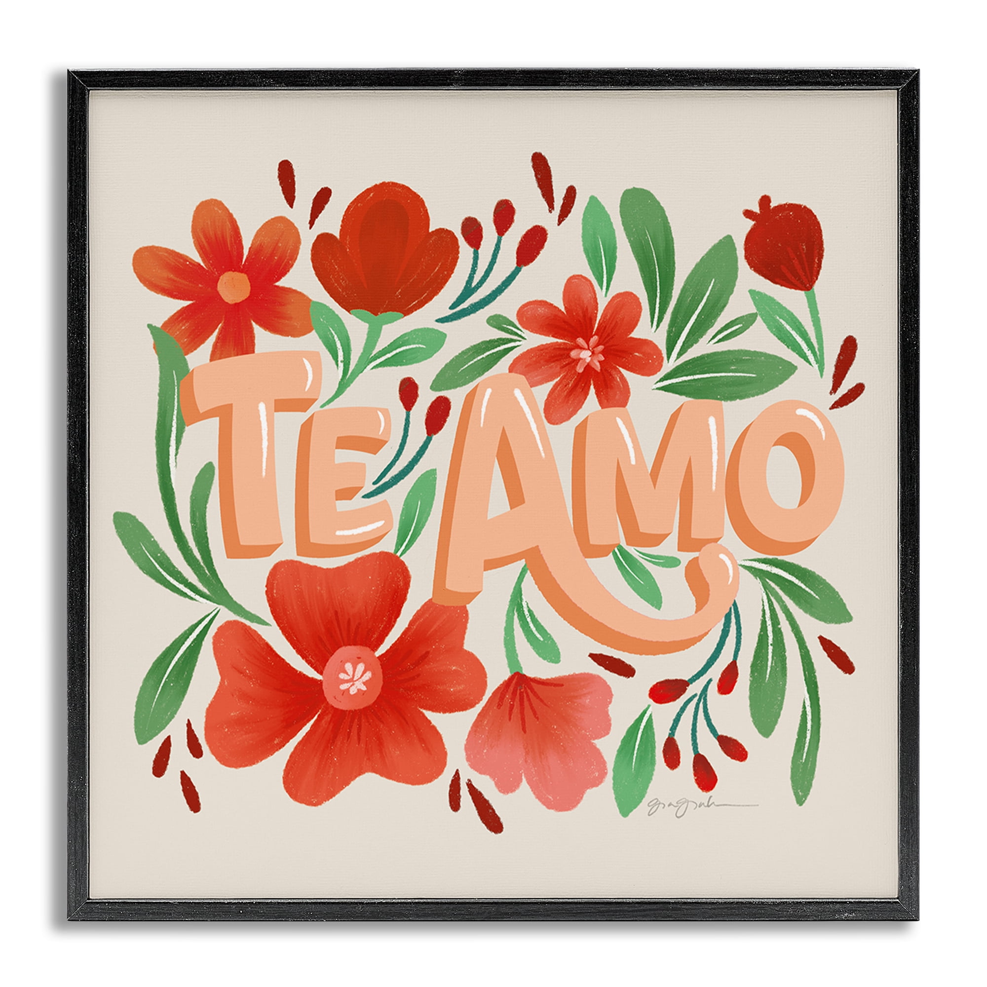 Stupell Industries Te Amo con Flores Rojas Floral & Botanical Painting Gray Framed Art Print Wall Art, 12 x 12