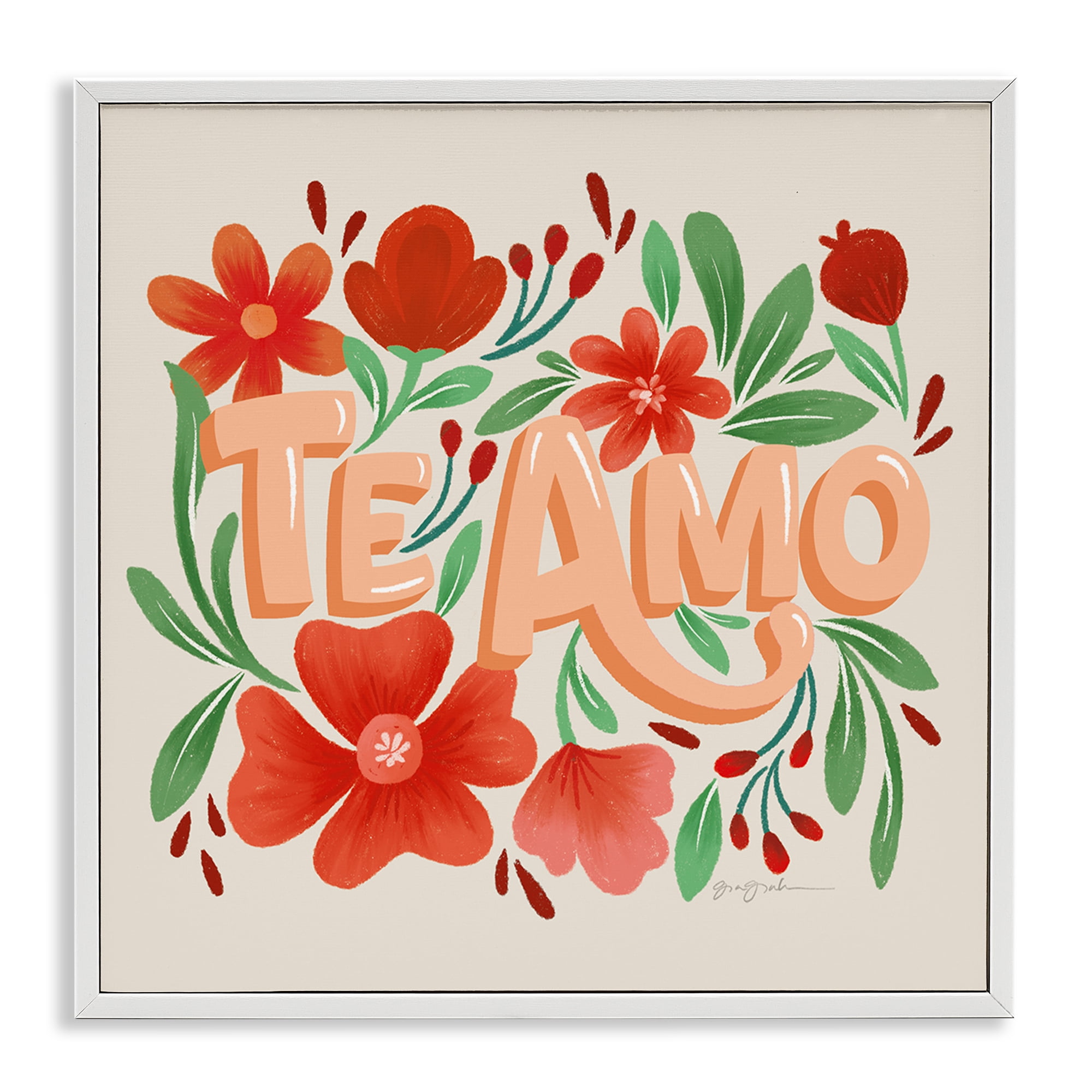 Stupell Industries Te Amo con Flores Rojas Floral & Botanical Painting White Framed Art Print Wall Art, 17 x 17