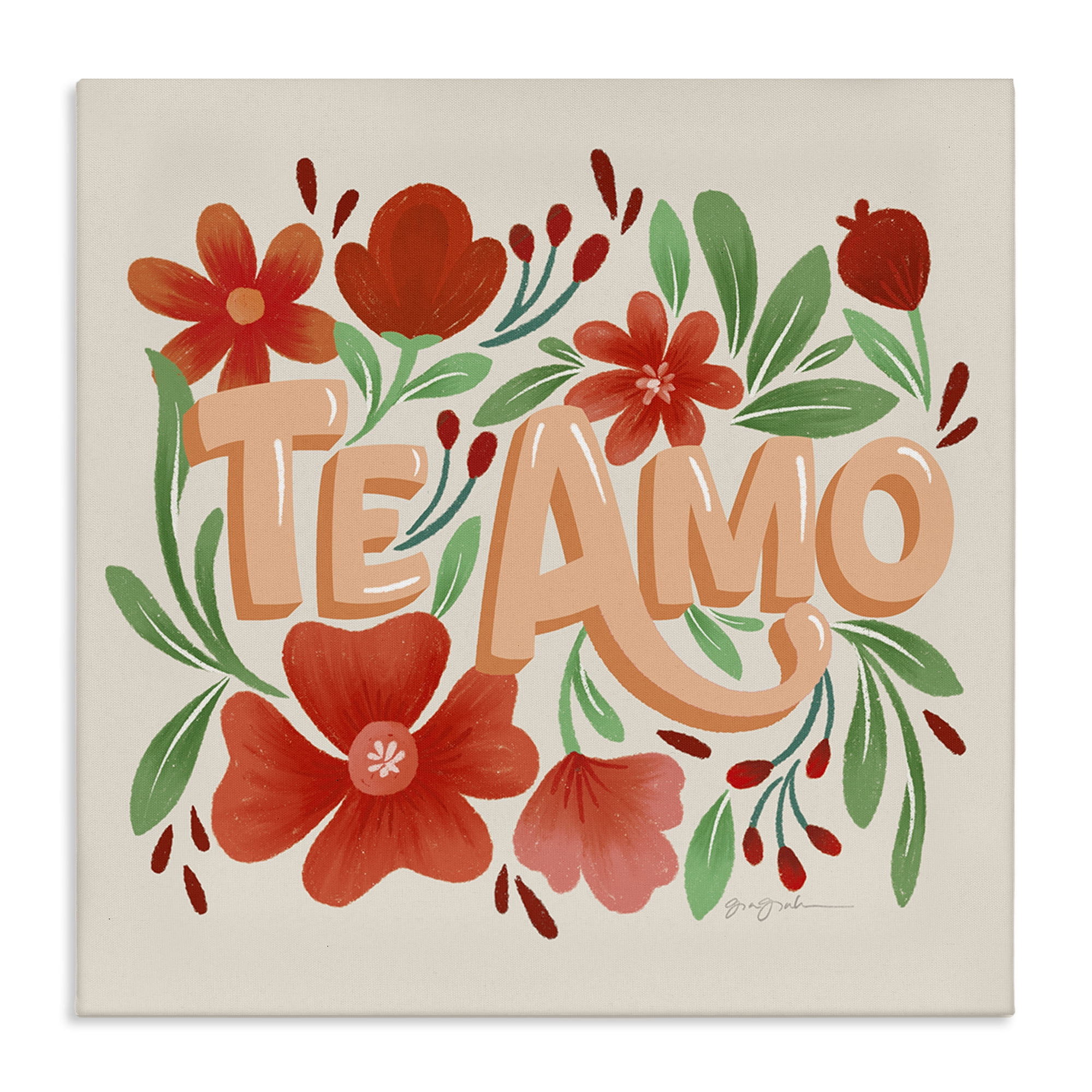 Stupell Industries Te Amo con Flores Rojas Floral & Botanical Painting Wrapped Canvas Art Print Wall Art, 36 x 36