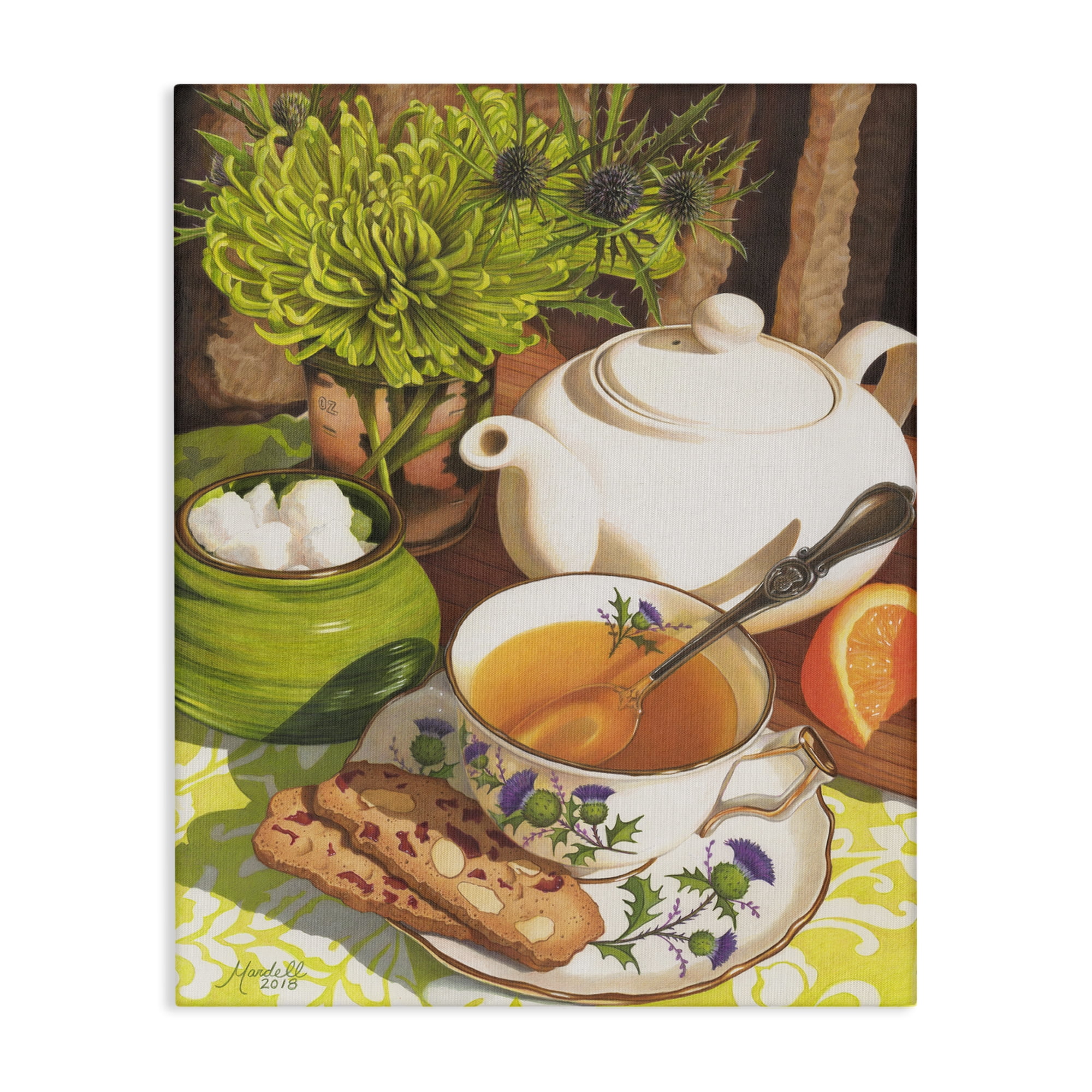 Tea & Biscuits Scene Green and White Canvas Wall Art