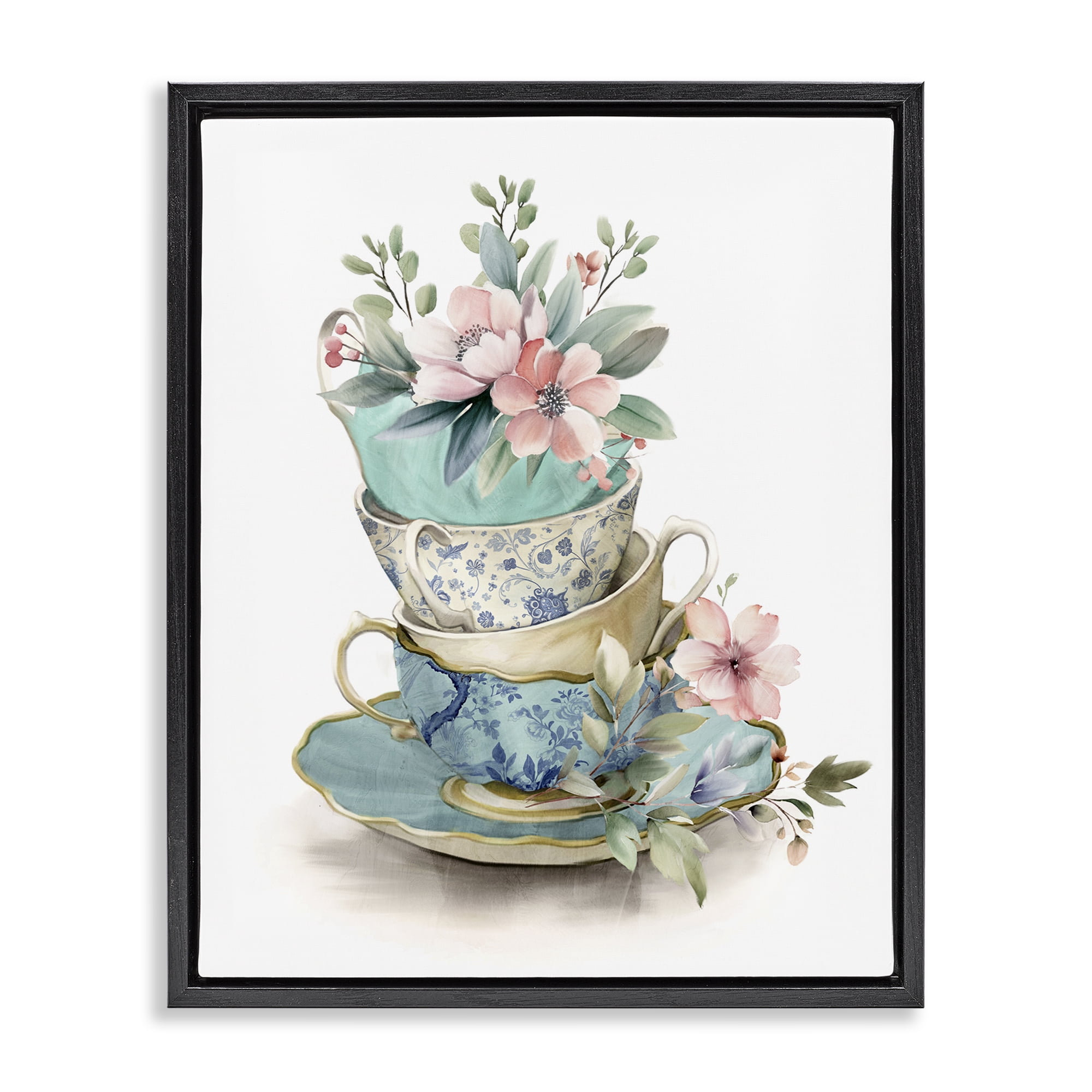 Stupell Industries Tea Cup Chinoiserie Blossoms Black Framed Floater Canvas Wall Art, design by Kim Allen