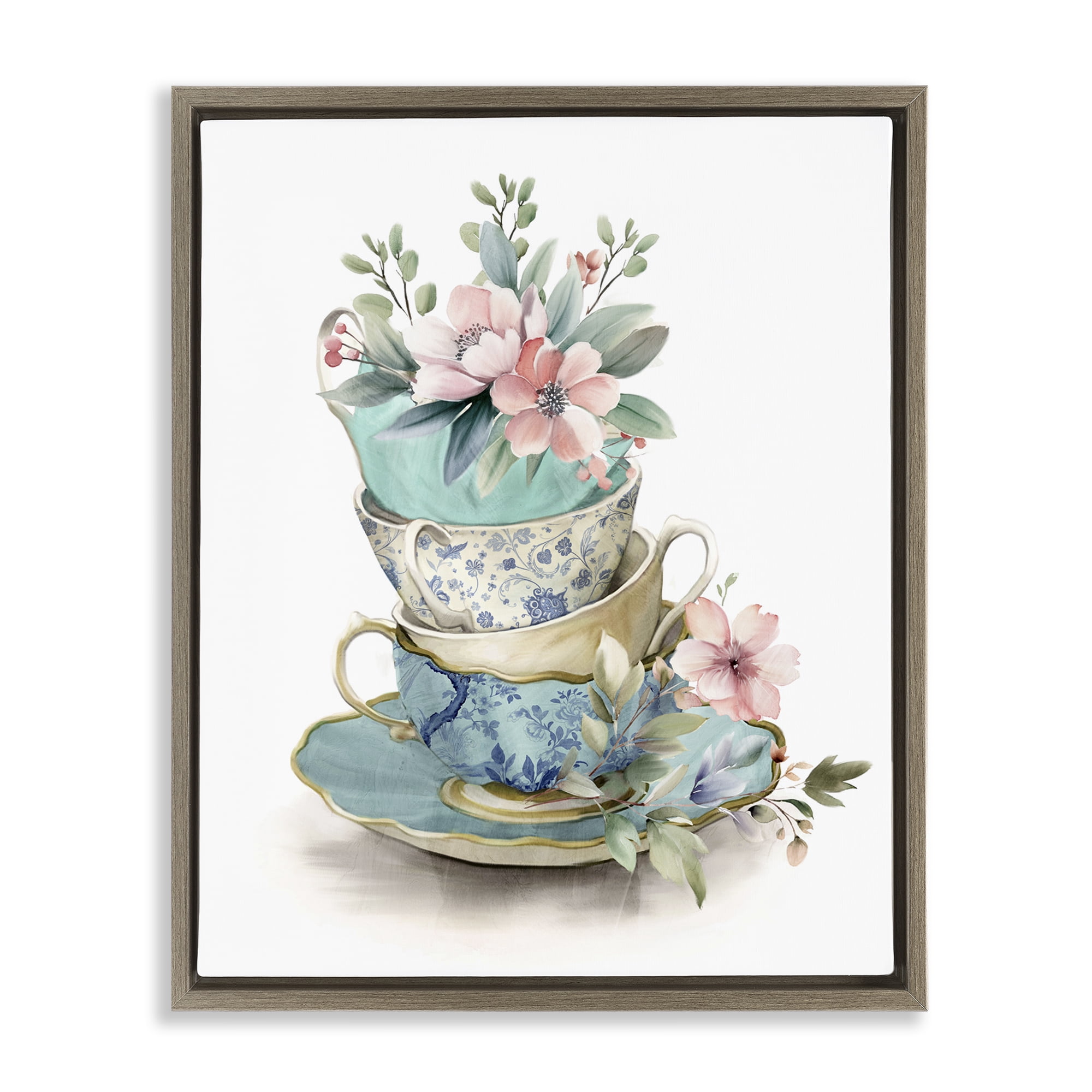 Stupell Industries Tea Cup Chinoiserie Blossoms Brown Framed Floater Canvas Wall Art, design by Kim Allen