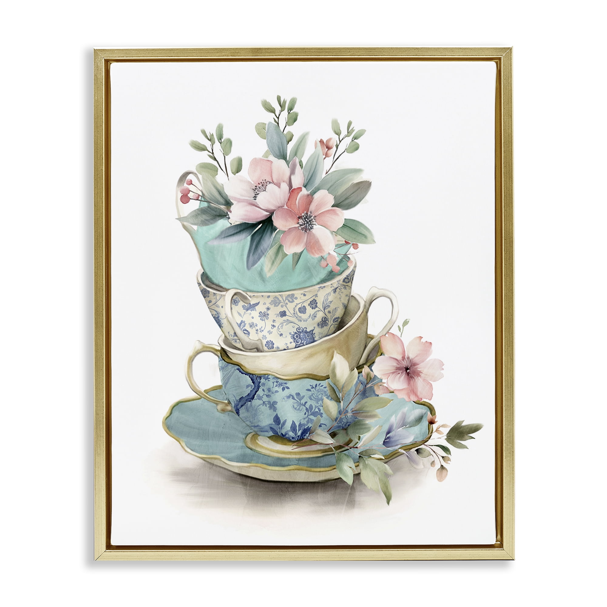 Stupell Industries Tea Cup Chinoiserie Blossoms Gold Framed Floater Canvas Wall Art, design by Kim Allen
