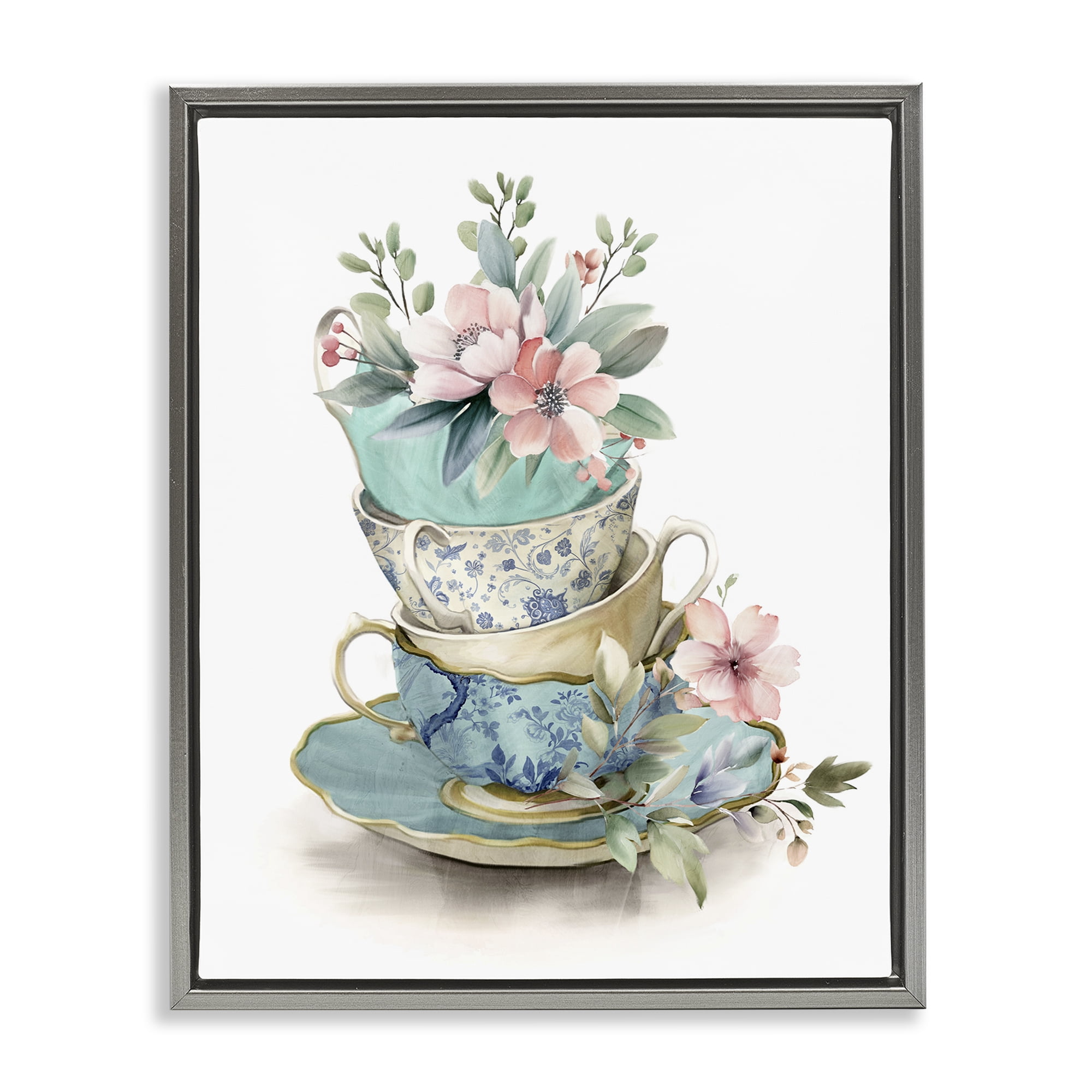 Stupell Industries Tea Cup Chinoiserie Blossoms Gray Framed Floater Canvas Wall Art, design by Kim Allen