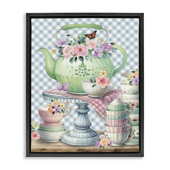 Stupell Industries Tea Kettle on Gingham Food & Beverage Painting Black Floater Framed Canvas Art Print Wall Art, 17 x 21