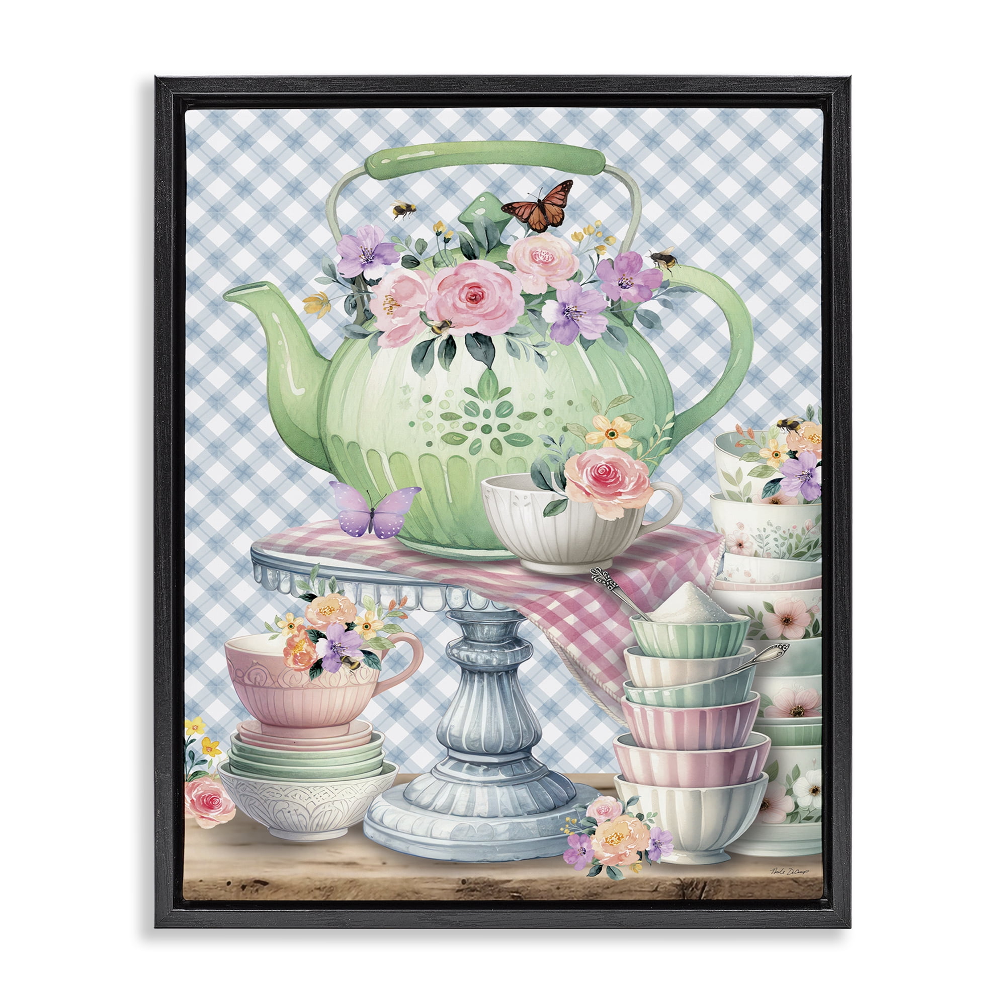Stupell Industries Tea Kettle on Gingham Food & Beverage Painting Black Floater Framed Canvas Art Print Wall Art, 25 x 31