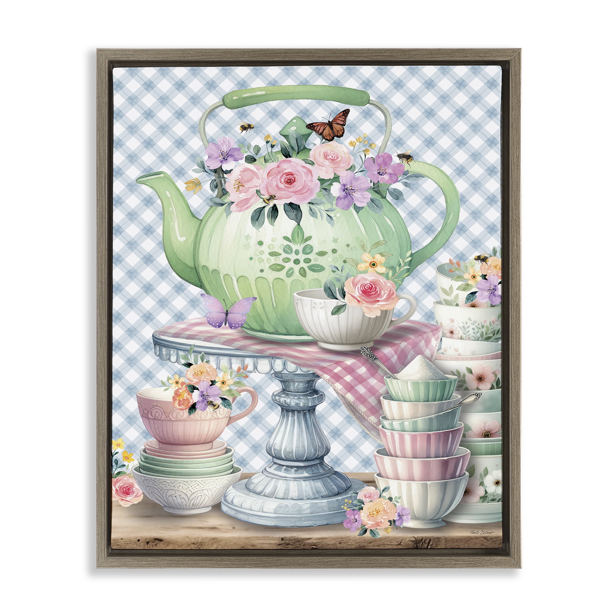 Stupell Industries Tea Kettle on Gingham Food & Beverage Painting Brown Floater Framed Canvas Art Print Wall Art, 25 x 31