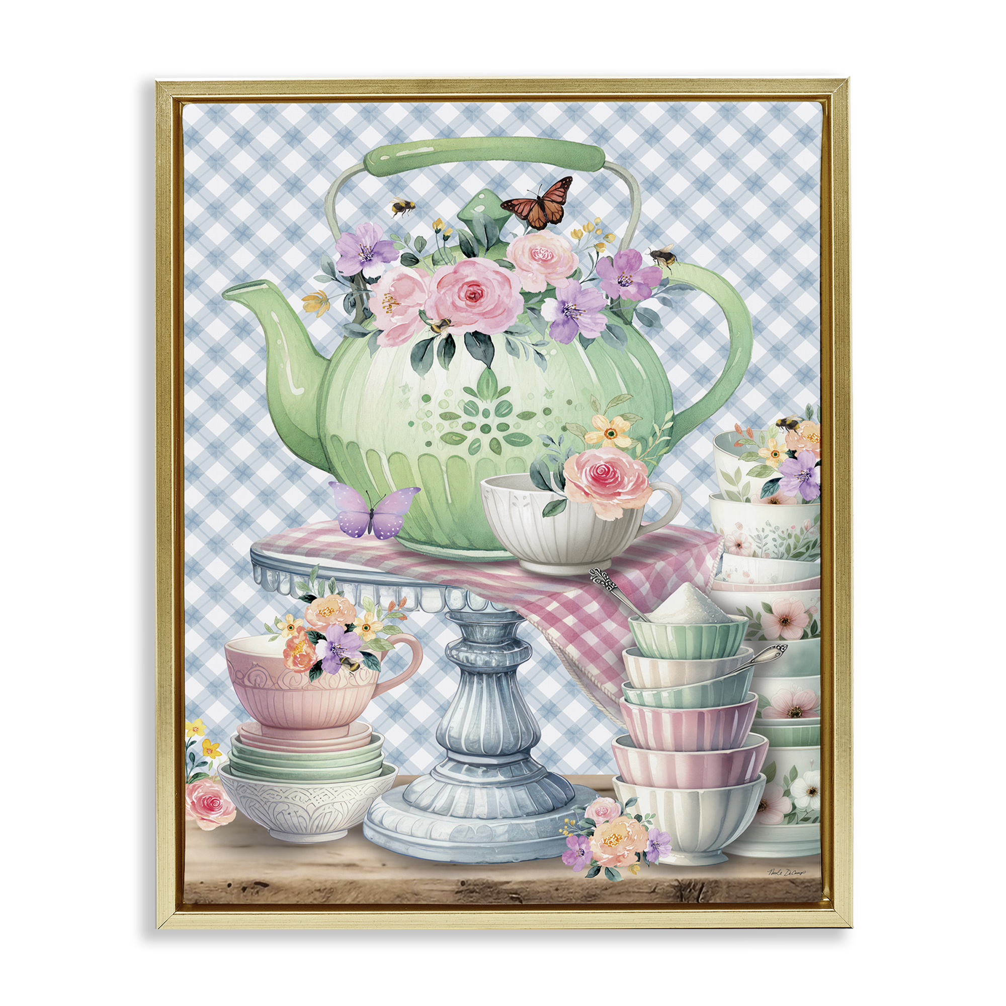 Stupell Industries Tea Kettle on Gingham Food & Beverage Painting Gold Floater Framed Canvas Art Print Wall Art, 17 x 21