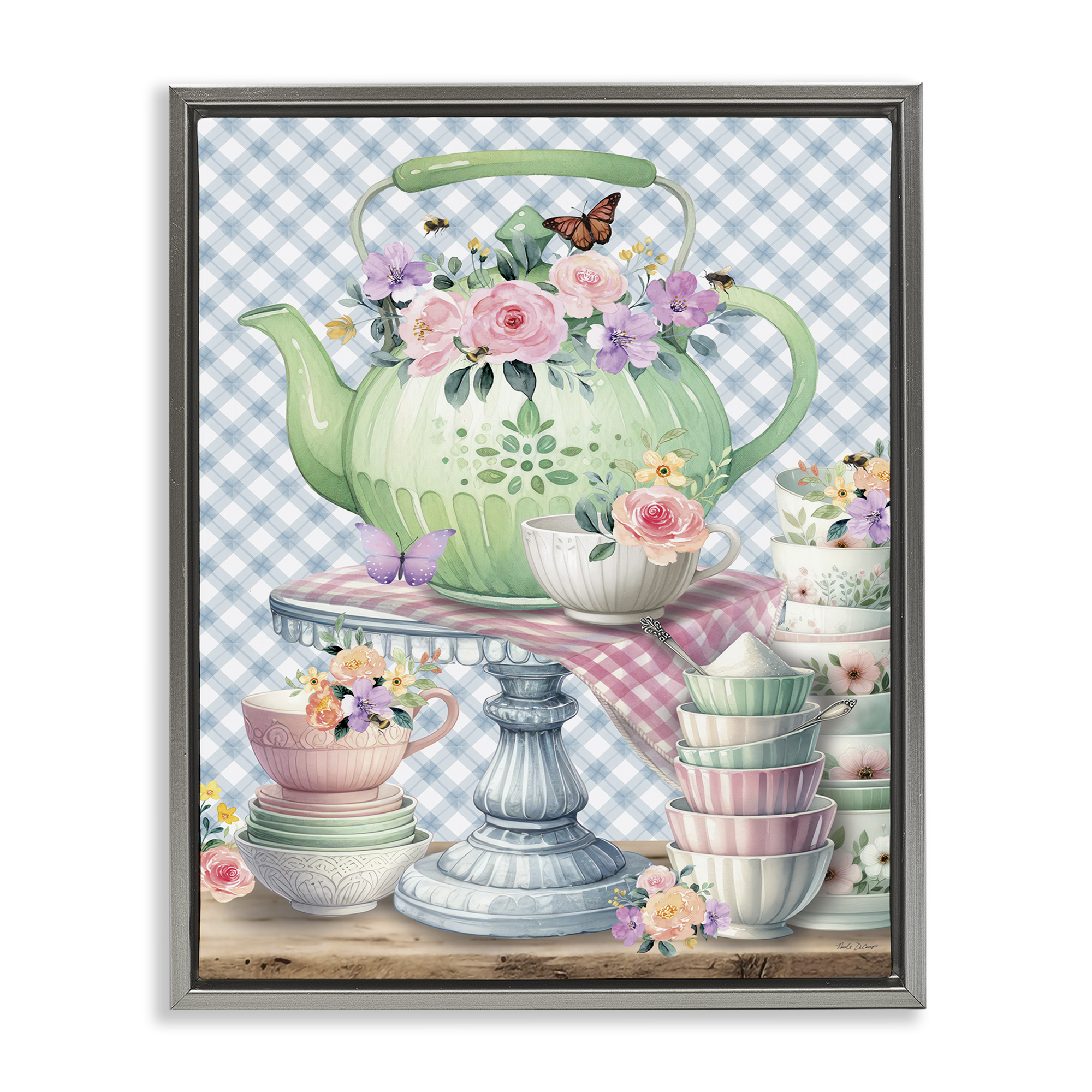 Stupell Industries Tea Kettle on Gingham Food & Beverage Painting Gray Floater Framed Canvas Art Print Wall Art, 17 x 21