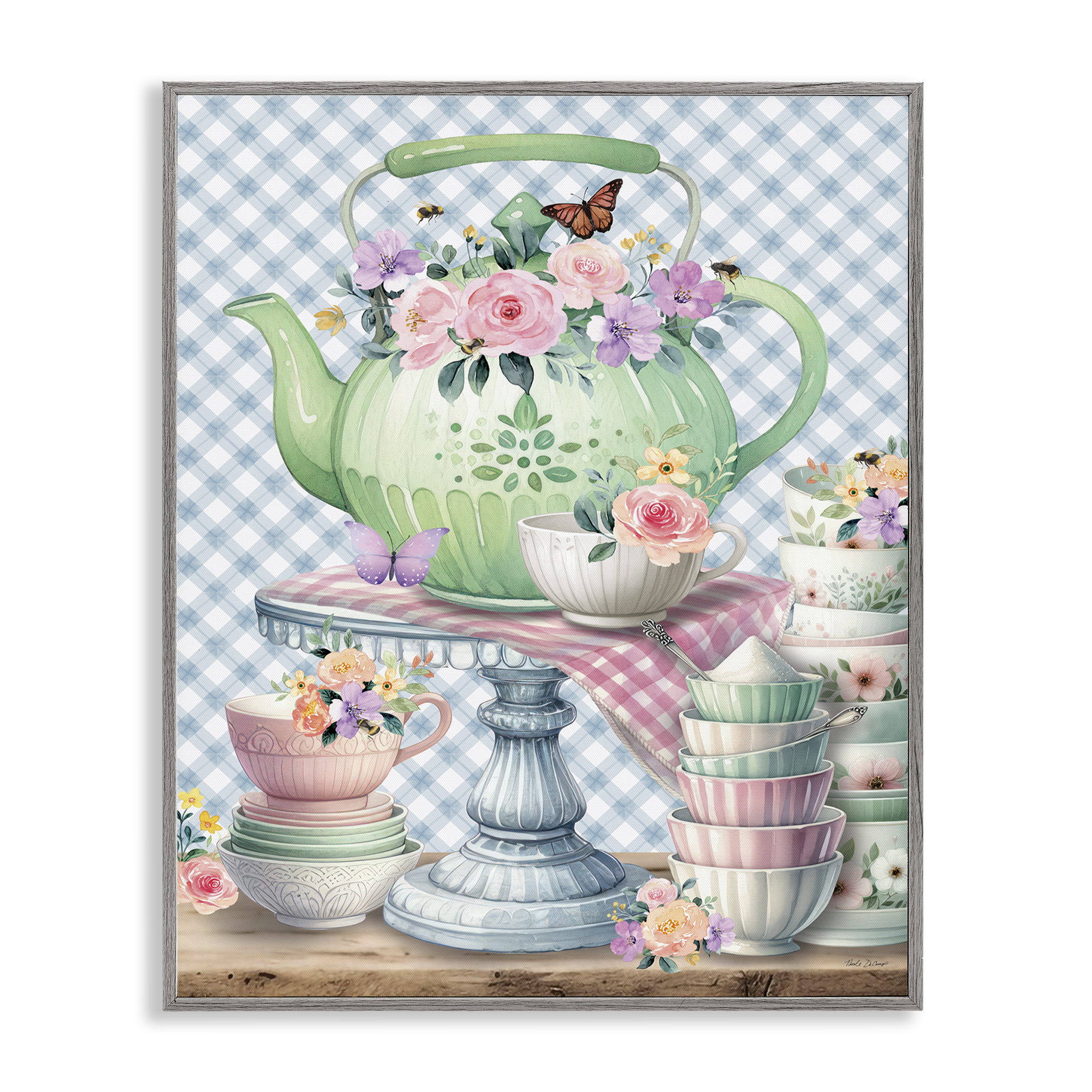 Stupell Industries Tea Kettle on Gingham Food & Beverage Painting Gray Framed Art Print Wall Art, 11 x 14