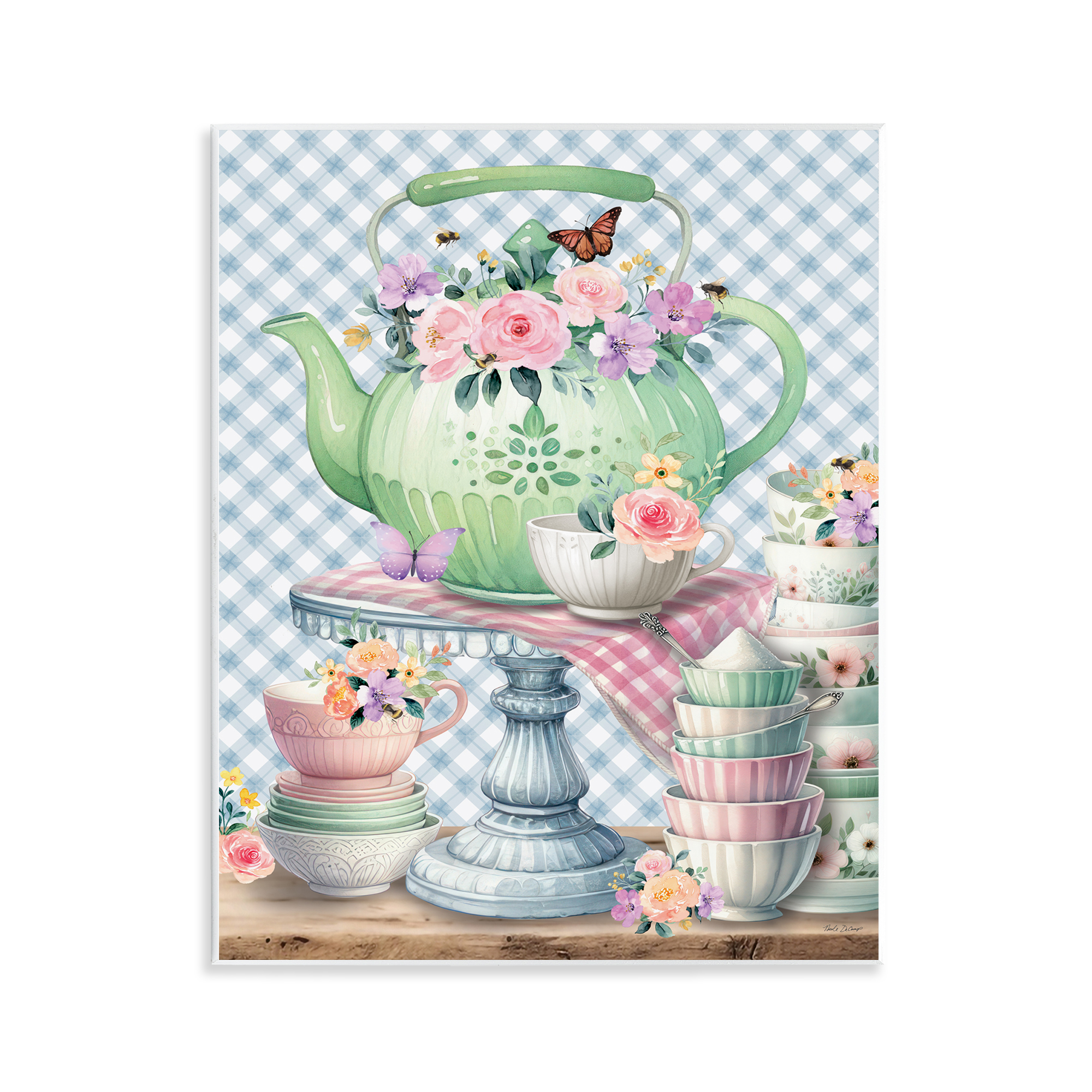 Stupell Industries Tea Kettle on Gingham Food & Beverage Painting Unframed Art Print Wall Art, 11 x 14