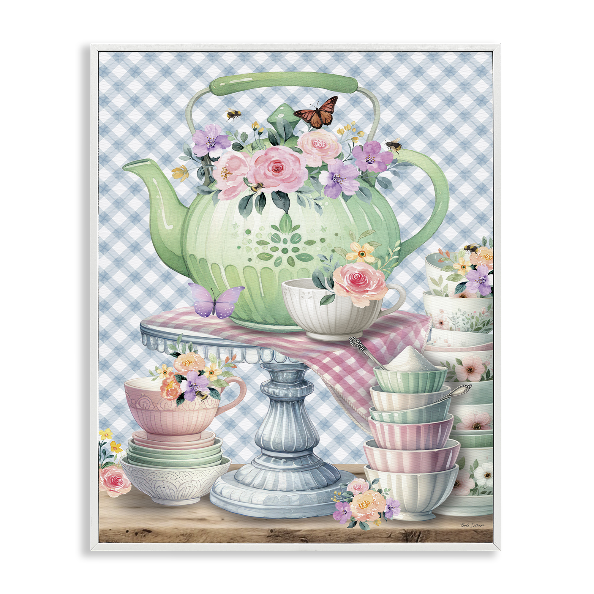 Stupell Industries Tea Kettle on Gingham Food & Beverage Painting White Framed Art Print Wall Art, 11 x 14