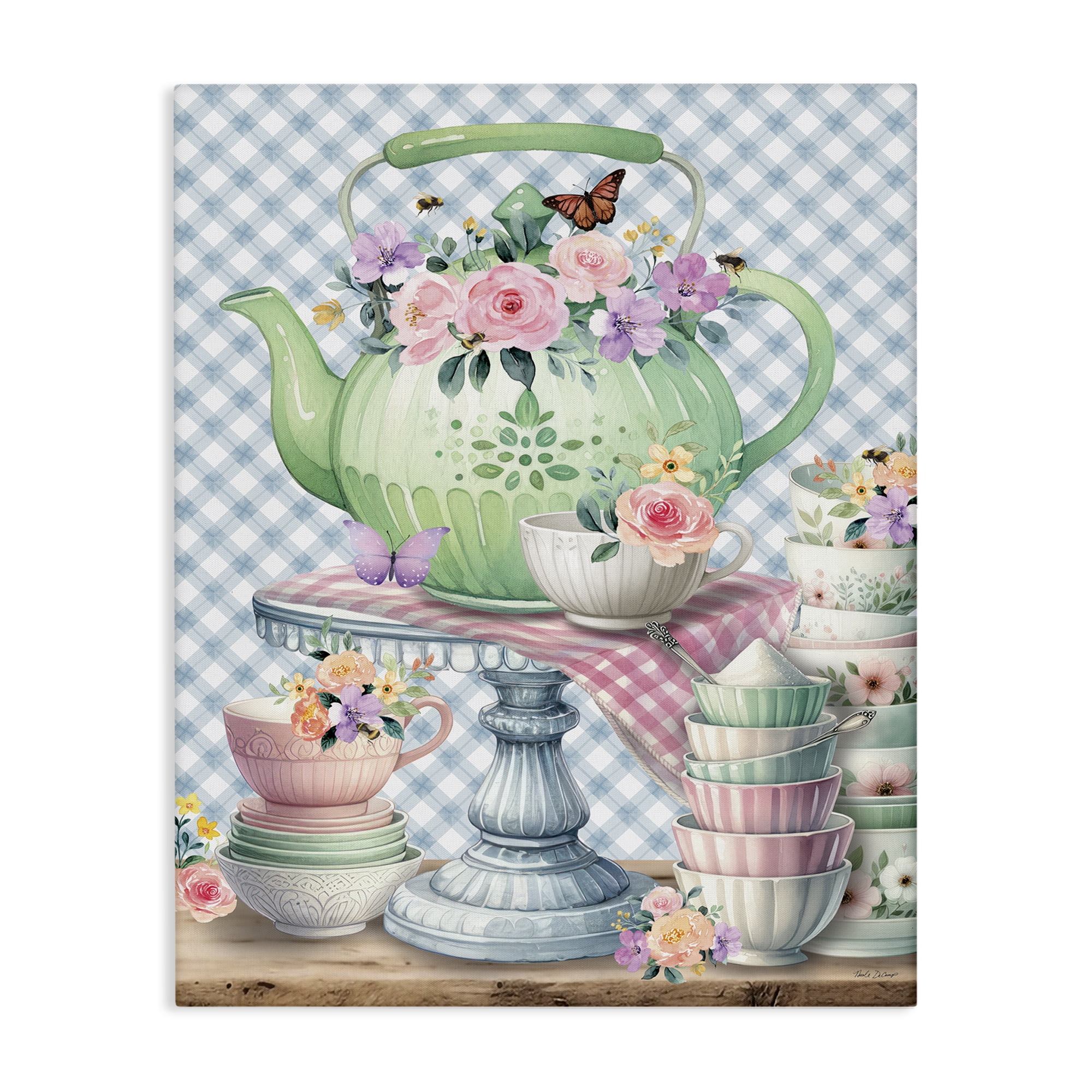 Stupell Industries Tea Kettle on Gingham Food & Beverage Painting Wrapped Canvas Art Print Wall Art, 30 x 40