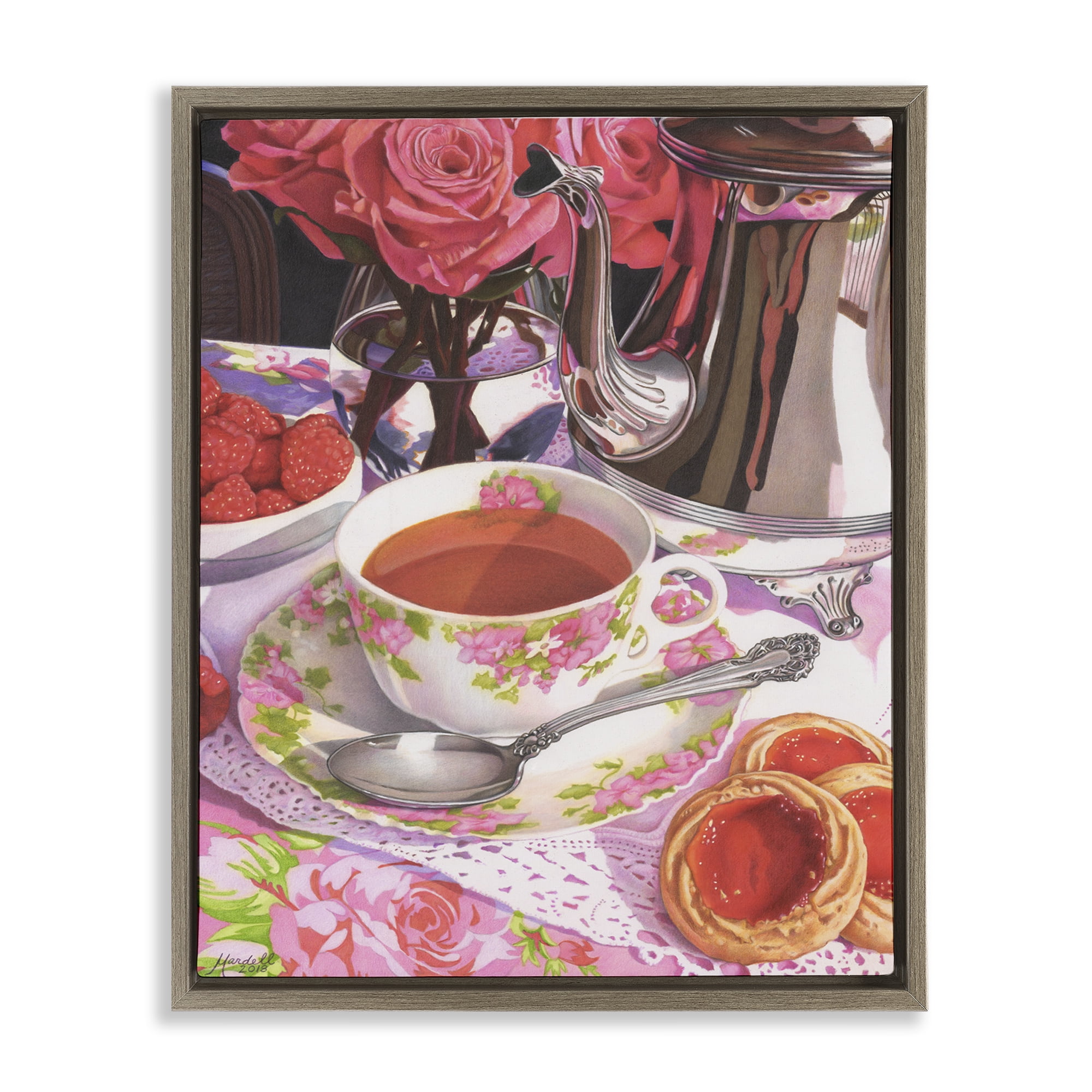 Stupell Industries Tea & Strawberry Cookies Food & Beverage Painting Brown Floater Framed Art Print Wall Art, 17 x 21