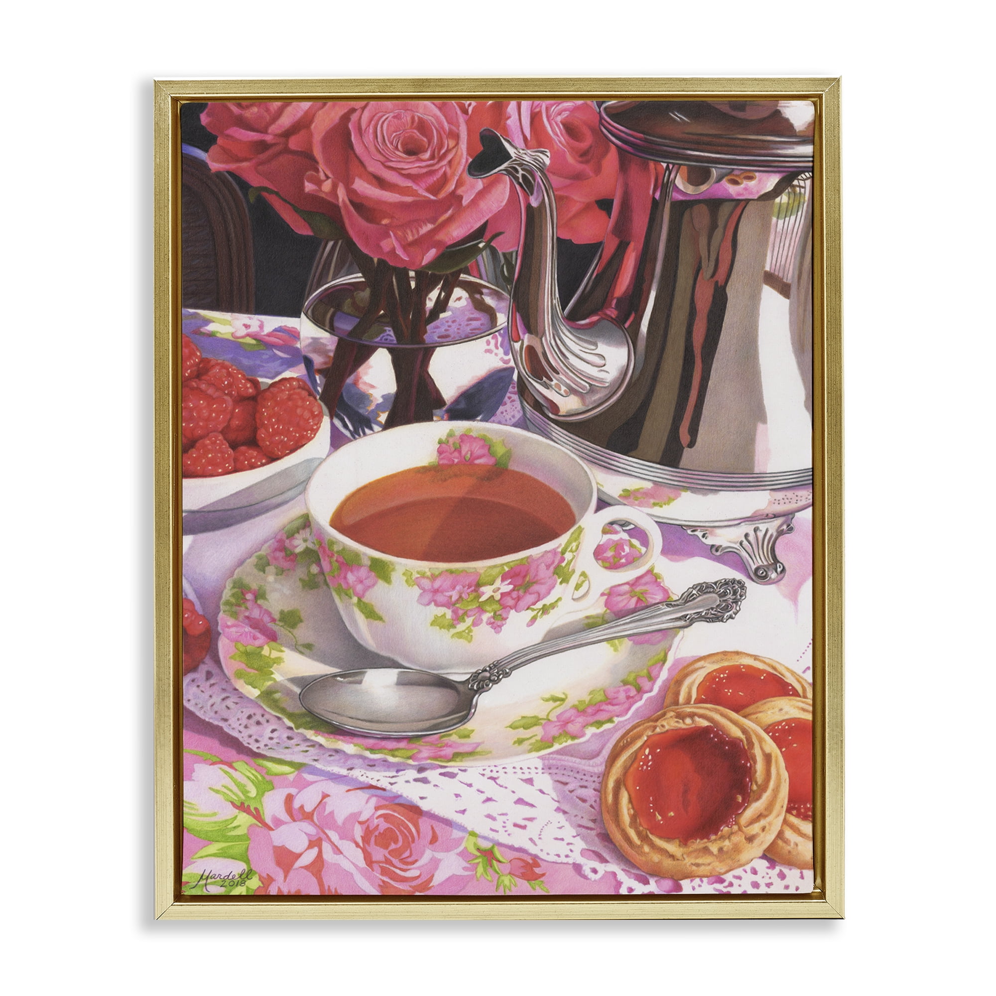 Stupell Industries Tea & Strawberry Cookies Food & Beverage Painting Gold Floater Framed Art Print Wall Art, 17 x 21