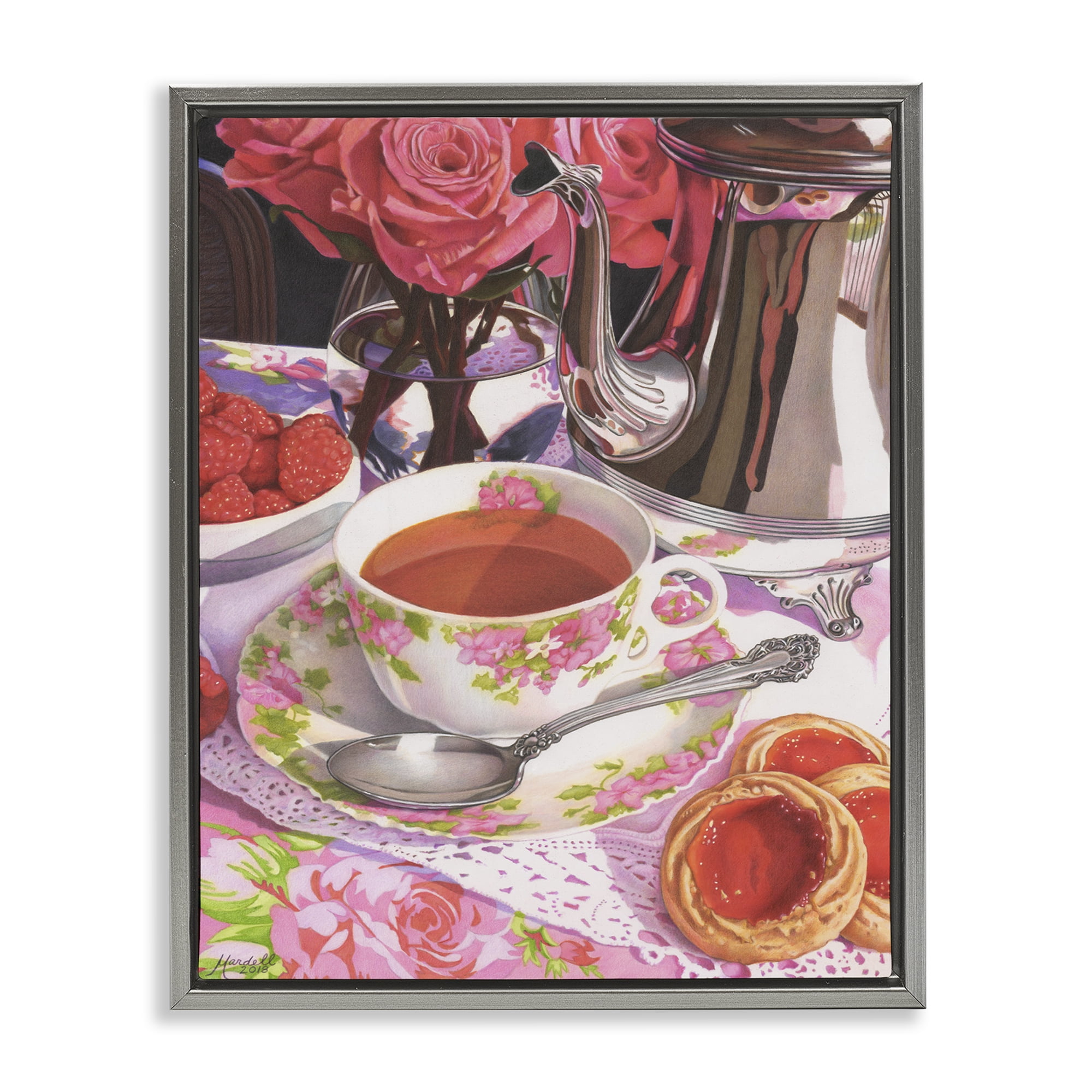 Stupell Industries Tea & Strawberry Cookies Food & Beverage Painting Gray Floater Framed Art Print Wall Art, 17 x 21