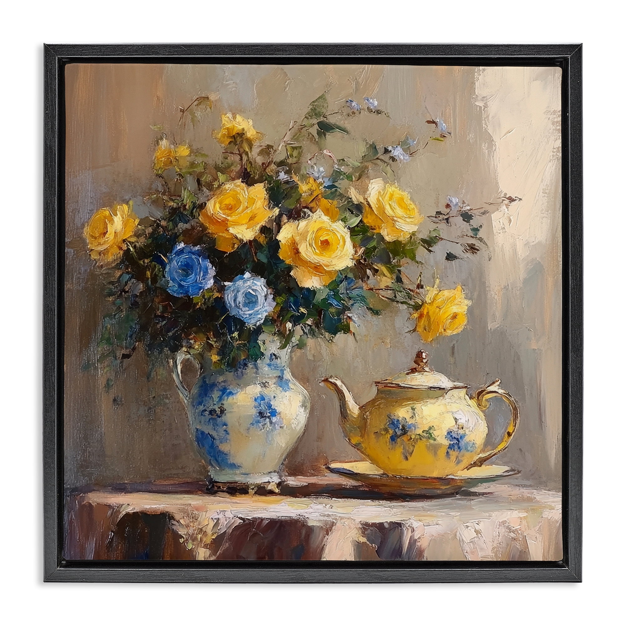 Stupell Industries Tea Time Blue & Yellow Bouquet Black Framed Floater Canvas Wall Art, design by Petal Prints Design