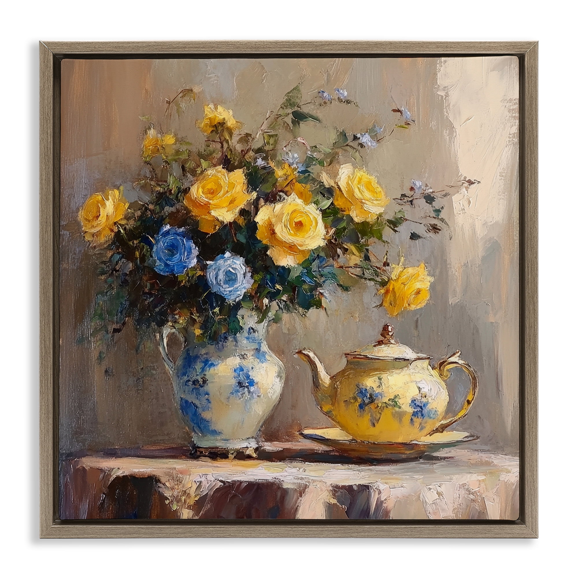 Stupell Industries Tea Time Blue & Yellow Bouquet Brown Framed Floater Canvas Wall Art, design by Petal Prints Design