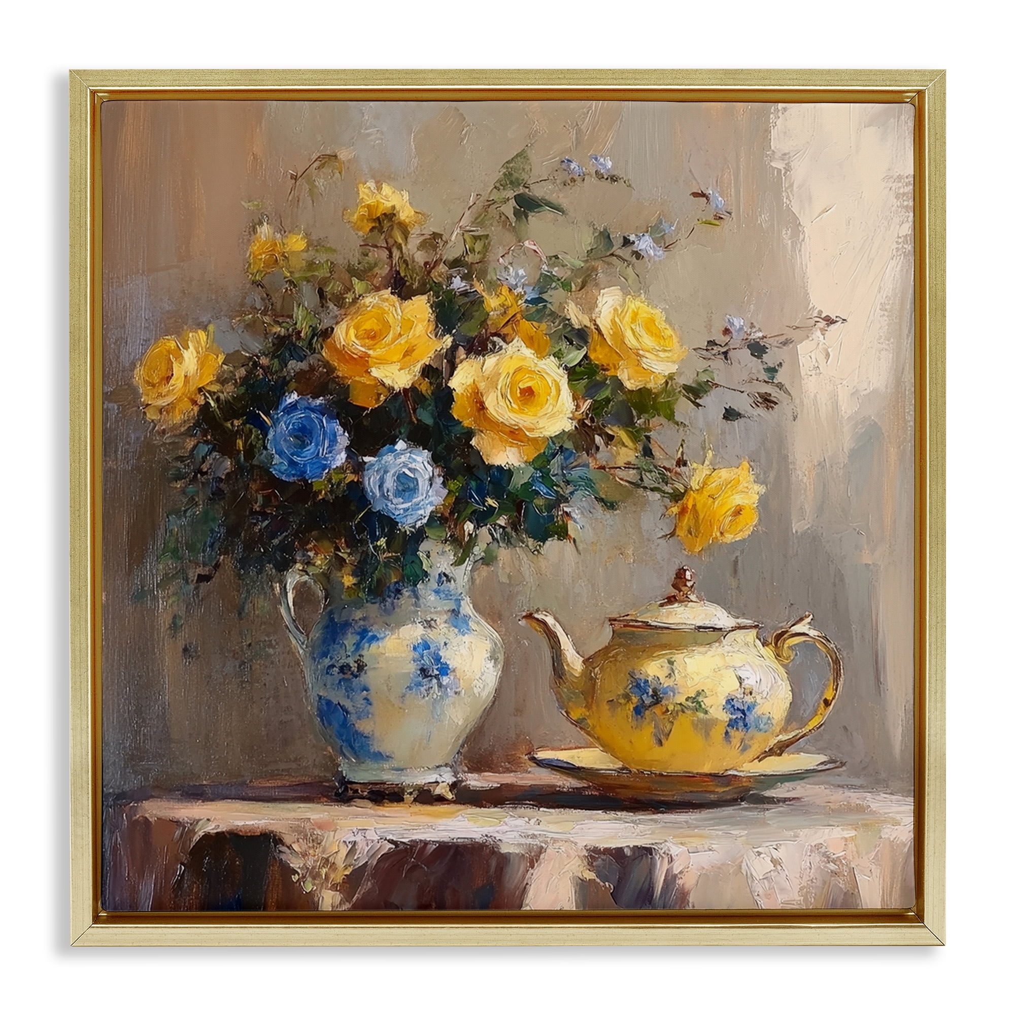 Stupell Industries Tea Time Blue & Yellow Bouquet Gold Framed Floater Canvas Wall Art, design by Petal Prints Design