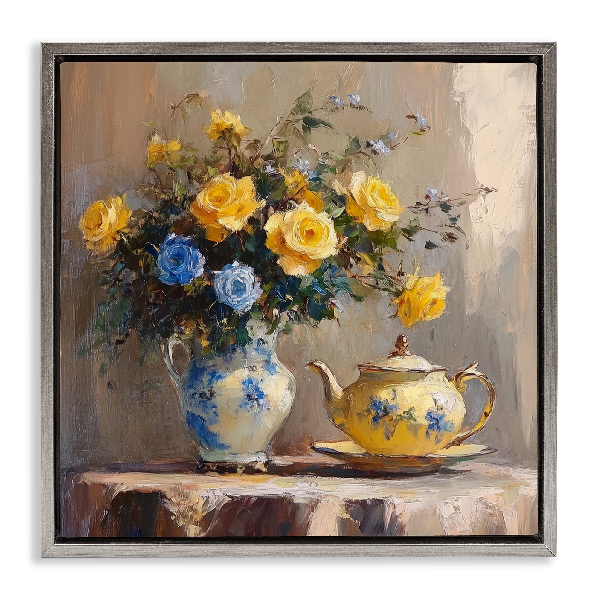 Stupell Industries Tea Time Blue & Yellow Bouquet Gray Framed Floater Canvas Wall Art, design by Petal Prints Design