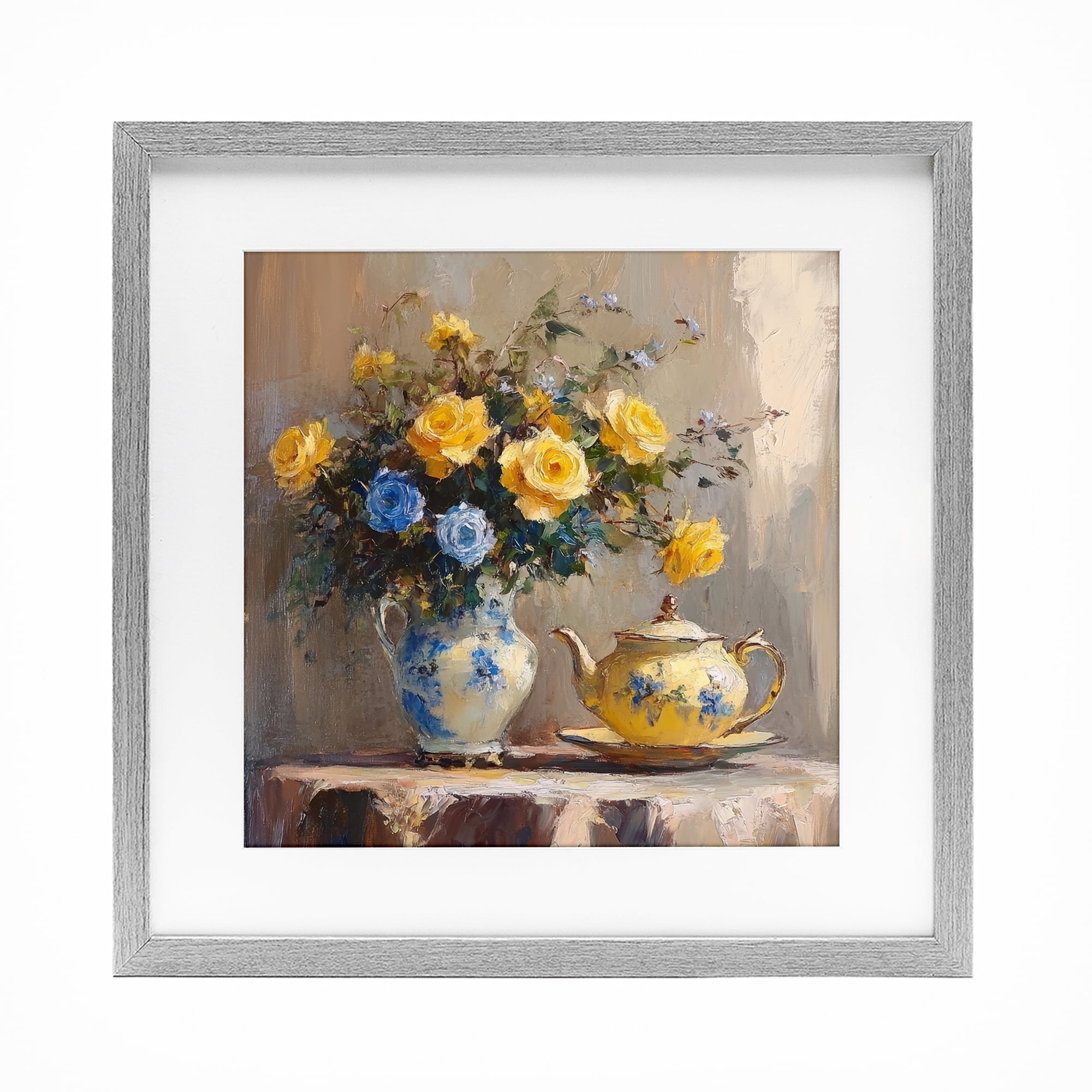 Stupell Industries Tea Time Blue & Yellow Bouquet Gray Framed Print Under Glass, design by Petal Prints Design