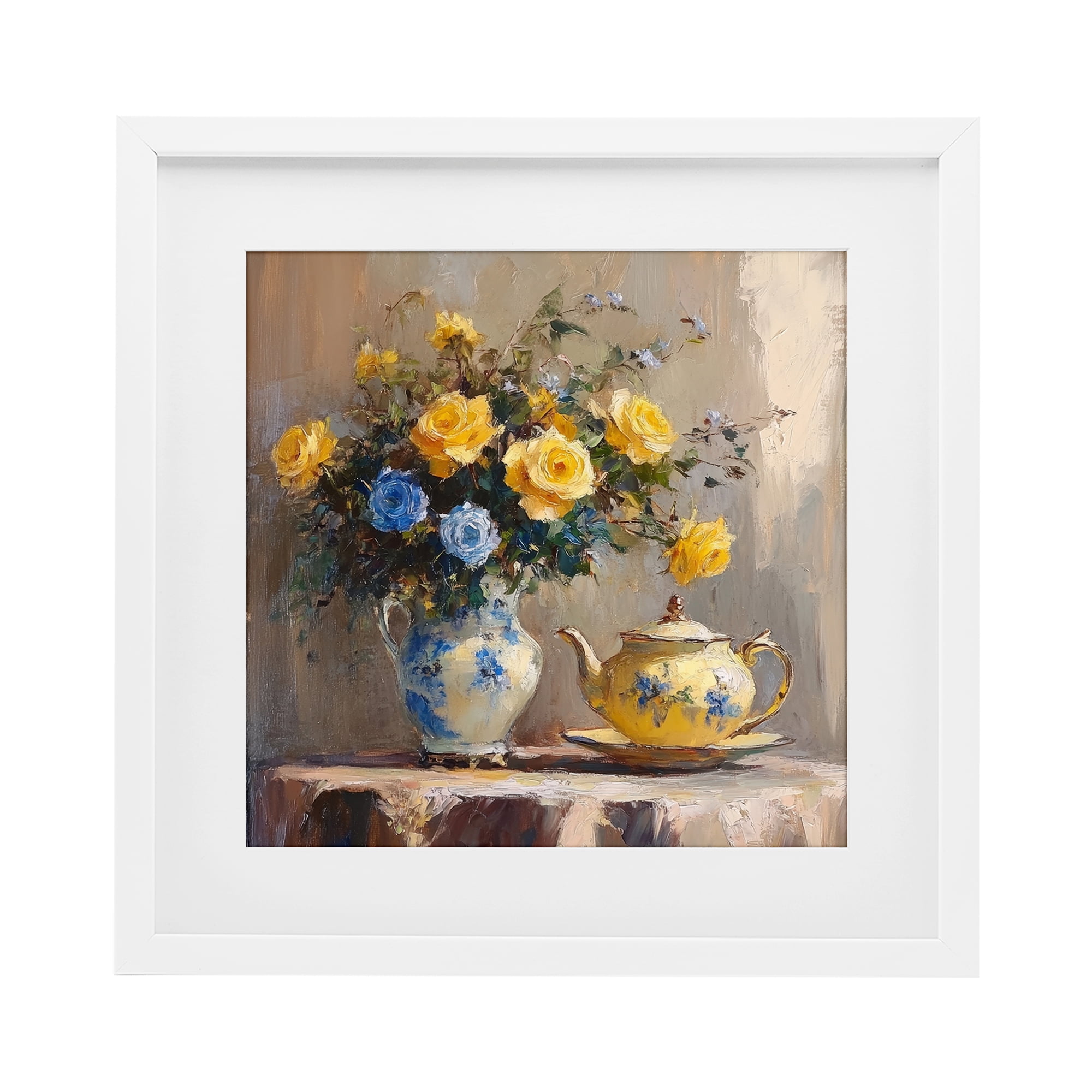 Stupell Industries Tea Time Blue & Yellow Bouquet White Framed Print Under Glass, design by Petal Prints Design