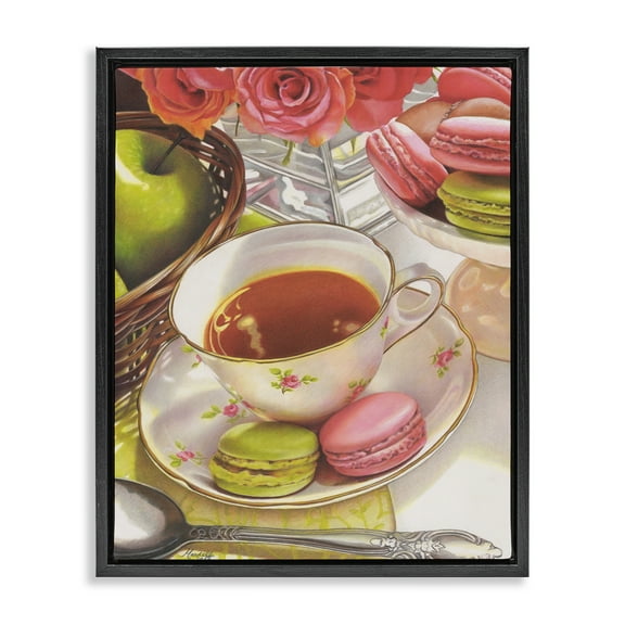 Stupell Industries Tea with Macarons Food & Beverage Painting Black Floater Framed Art Print Wall Art, 17 x 21