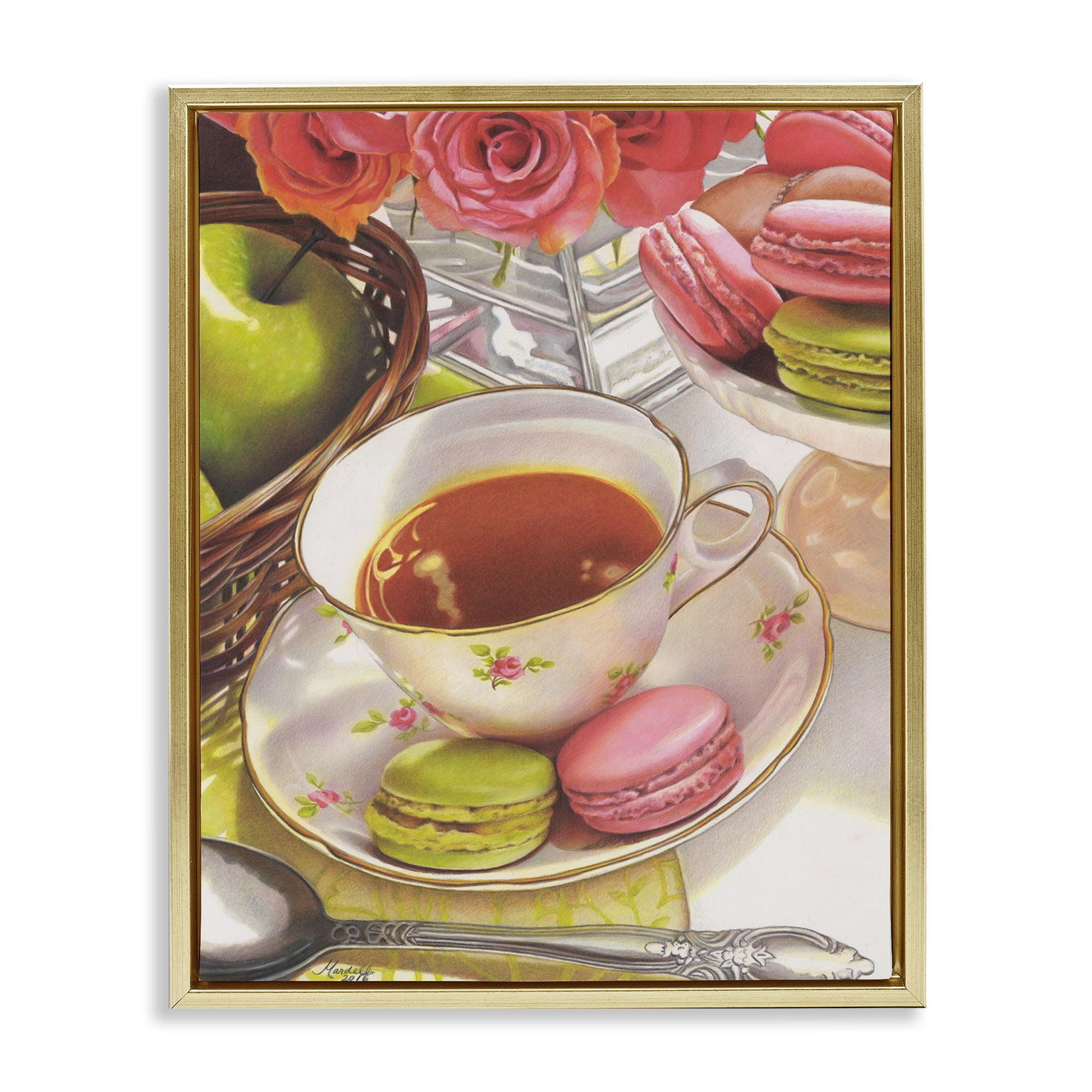 Stupell Industries Tea with Macarons Food & Beverage Painting Gold Floater Framed Art Print Wall Art, 17 x 21