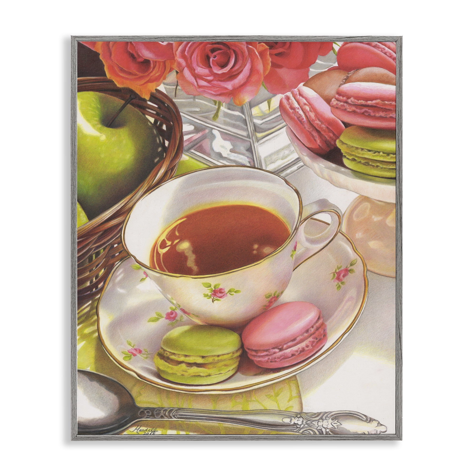 Stupell Industries Tea with Macarons Food & Beverage Painting Gray Framed Art Print Wall Art, 11 x 14