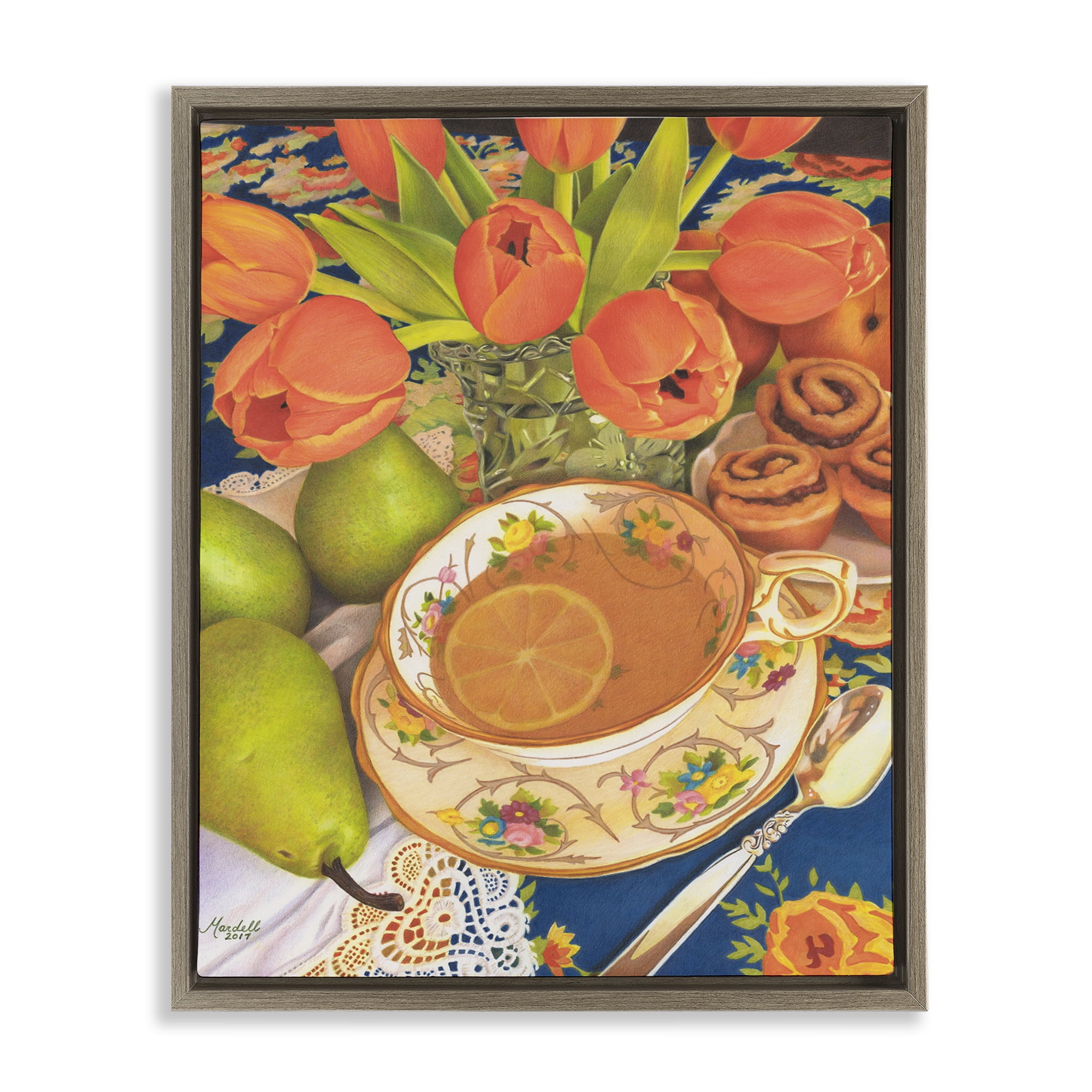 Stupell Industries Tea with Orange Tulips Food & Beverage Painting Brown Floater Framed Art Print Wall Art, 17 x 21